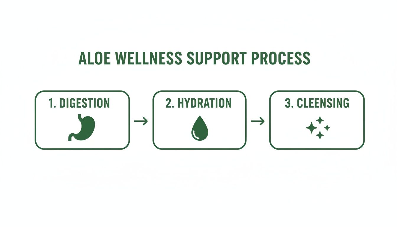 A three-step aloe wellness process with icons: digestion (stomach), hydration (water drop), cleansing (sparkles).