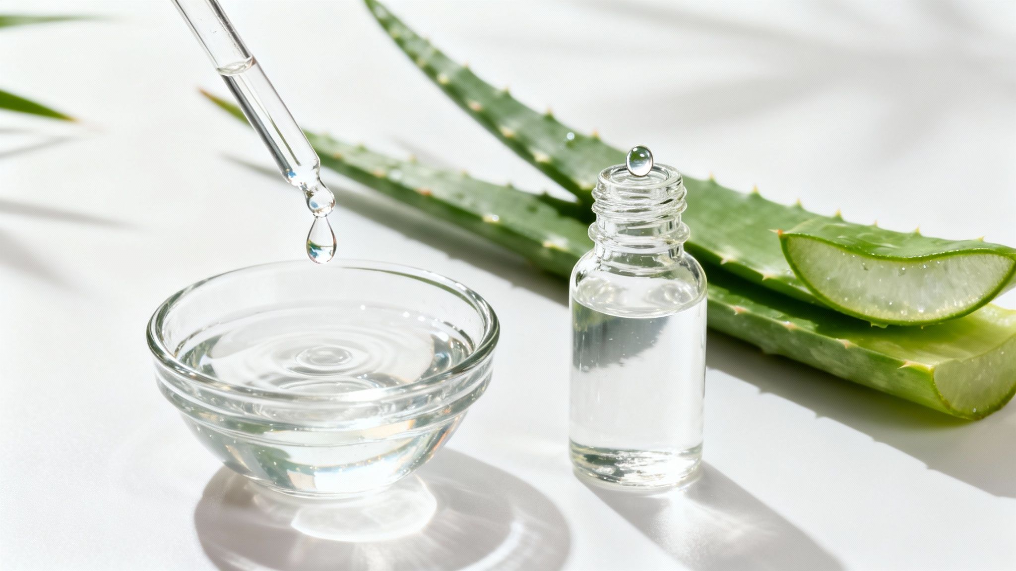 Close-up of aloe vera leaves, dropper, and bottle with clear liquid for natural skincare.