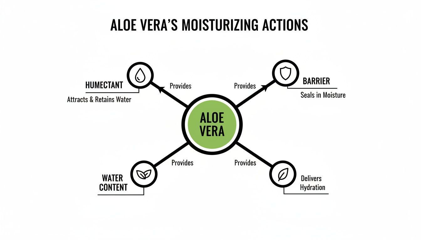 Diagram illustrating Aloe Vera's four key moisturizing actions: humectant, barrier, water content, and hydration.