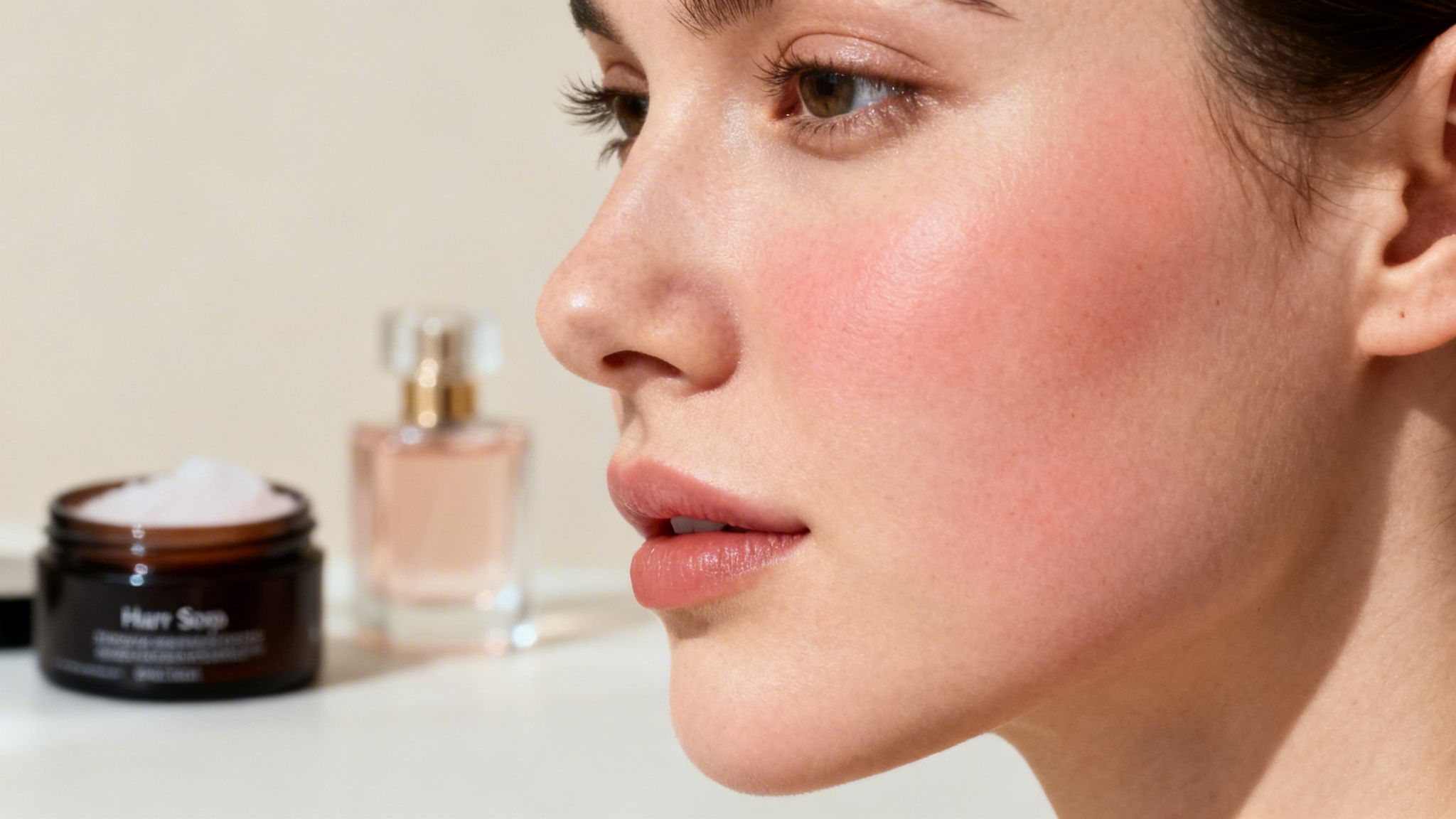 Close-up profile of a woman's face, showcasing healthy, glowing skin and rosy cheeks.