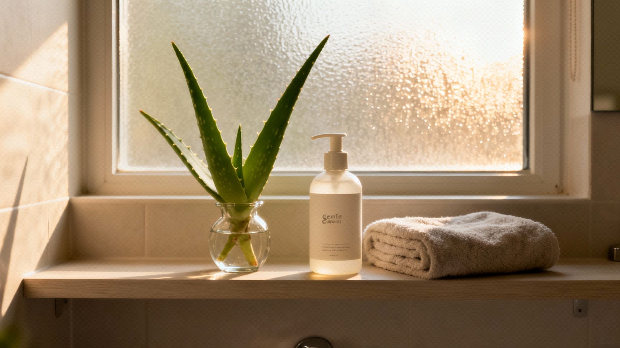 An aloe vera plant, pump bottle, and folded towel on a sunlit wooden shelf by a window.