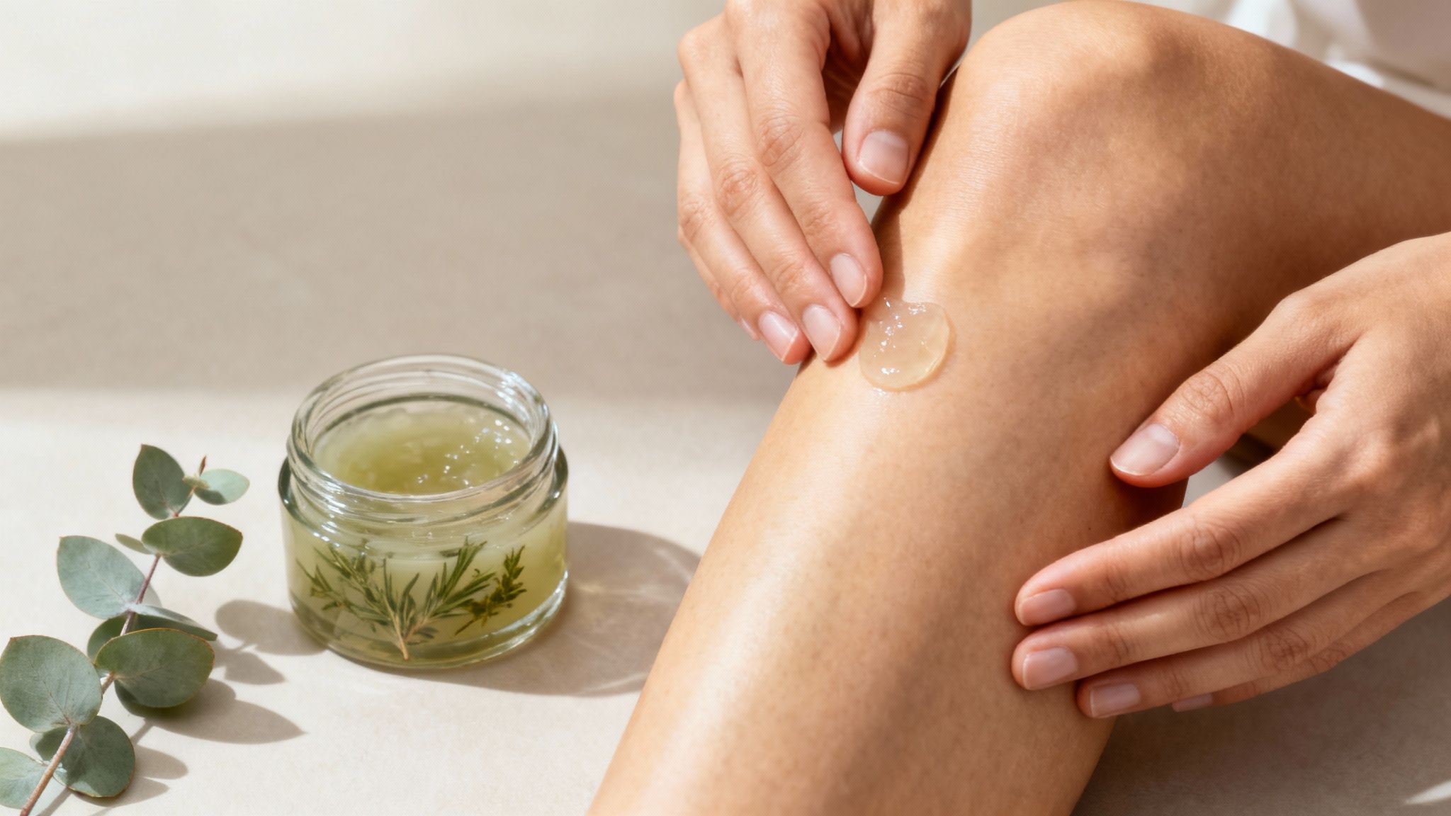 A person gently applies a soothing cream to their knee.
