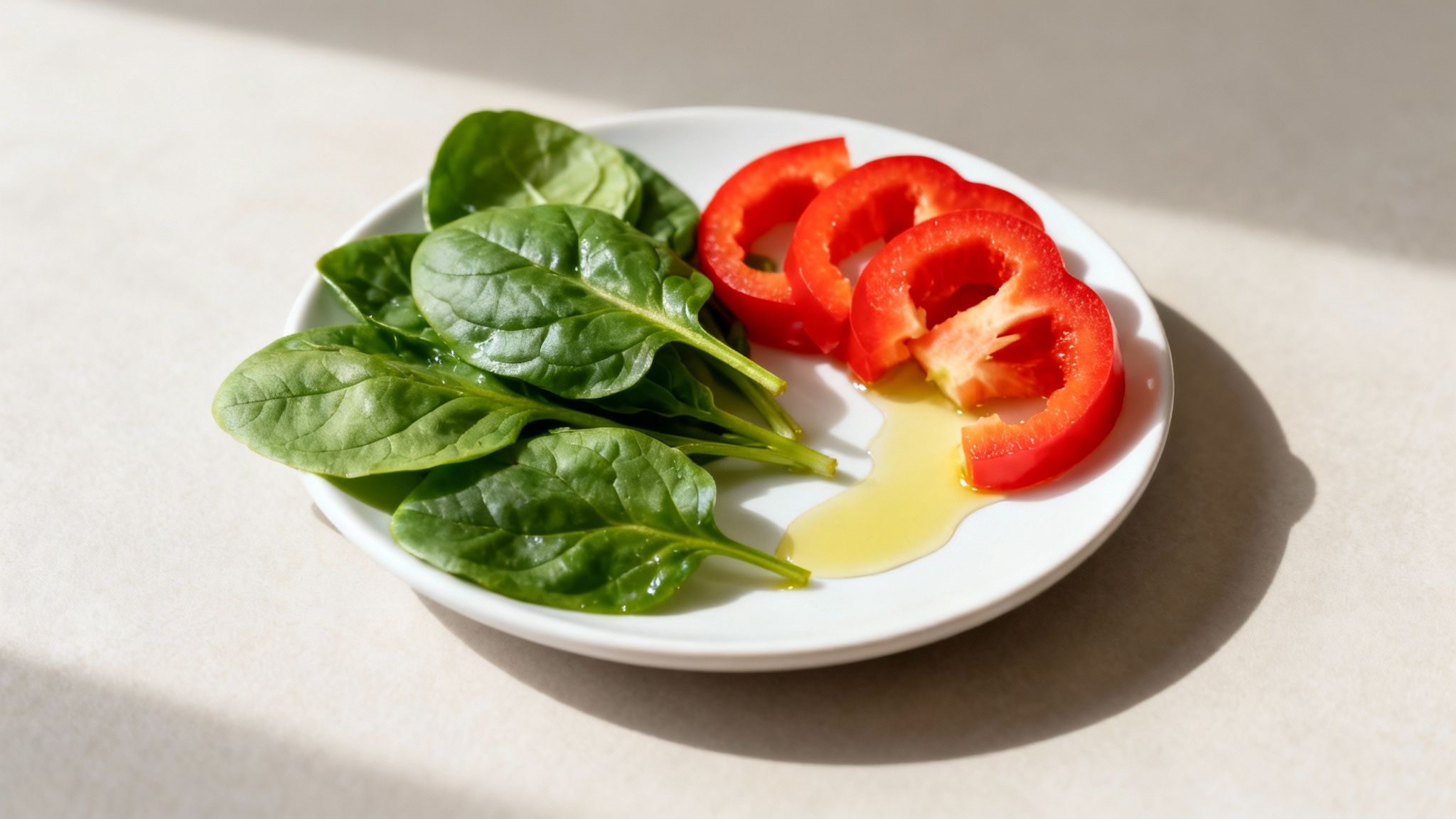 Fresh spinach leaves and sliced red bell pepper on a white plate with olive oil, under natural light.