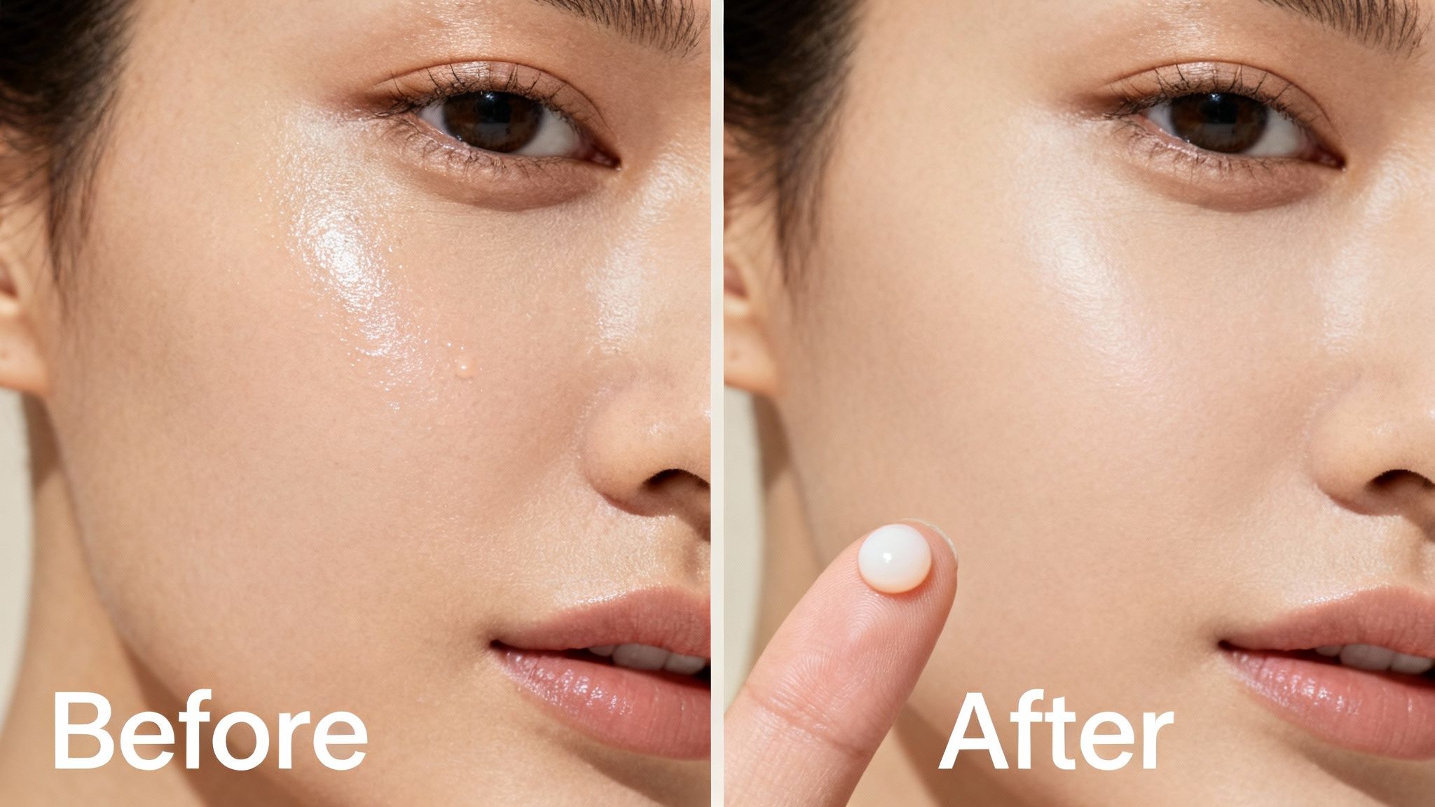 Before-and-after image of a person's face showing shiny skin versus healthy, matte skin with a cream bead.