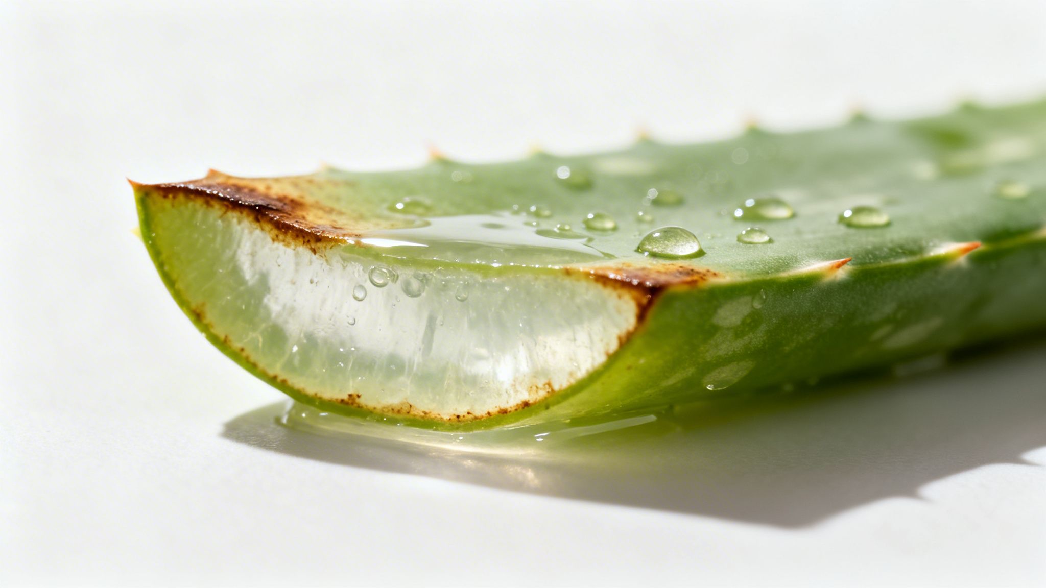 Close-up of a freshly cut aloe vera leaf displaying its translucent gel and water droplets.