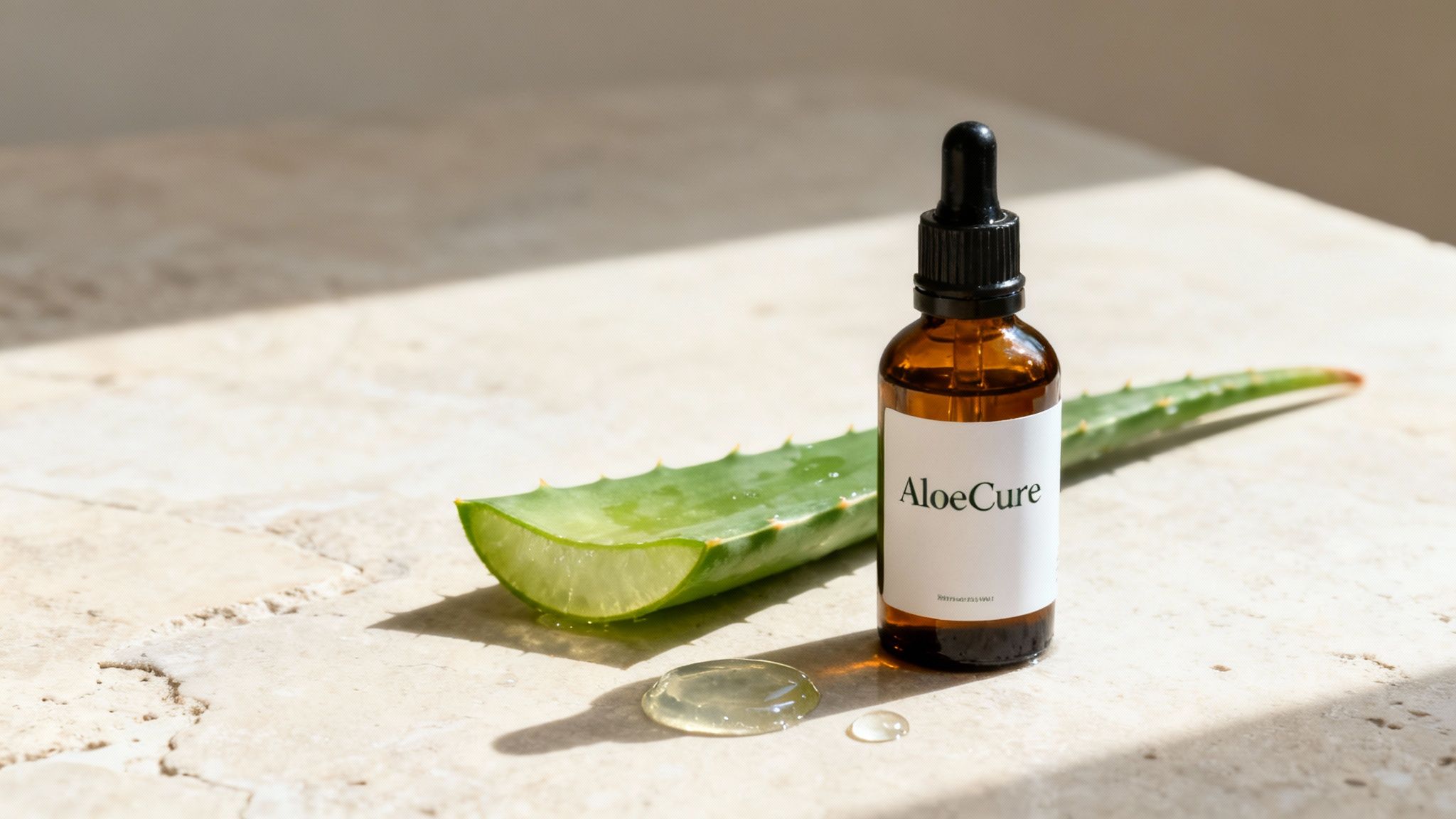 AloeCure dropper bottle with a fresh aloe vera leaf and gel on a sunny surface.