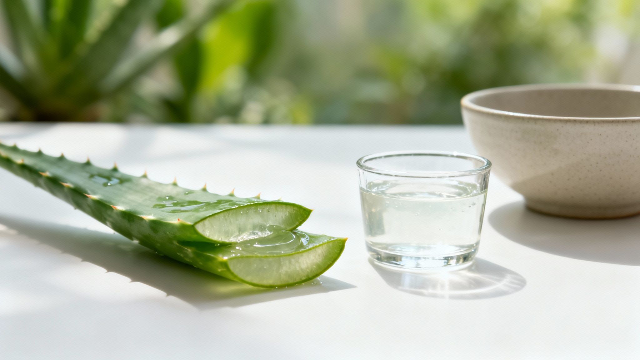 Freshly cut aloe vera leaves with clear gel and a glass of aloe vera juice on a white table.