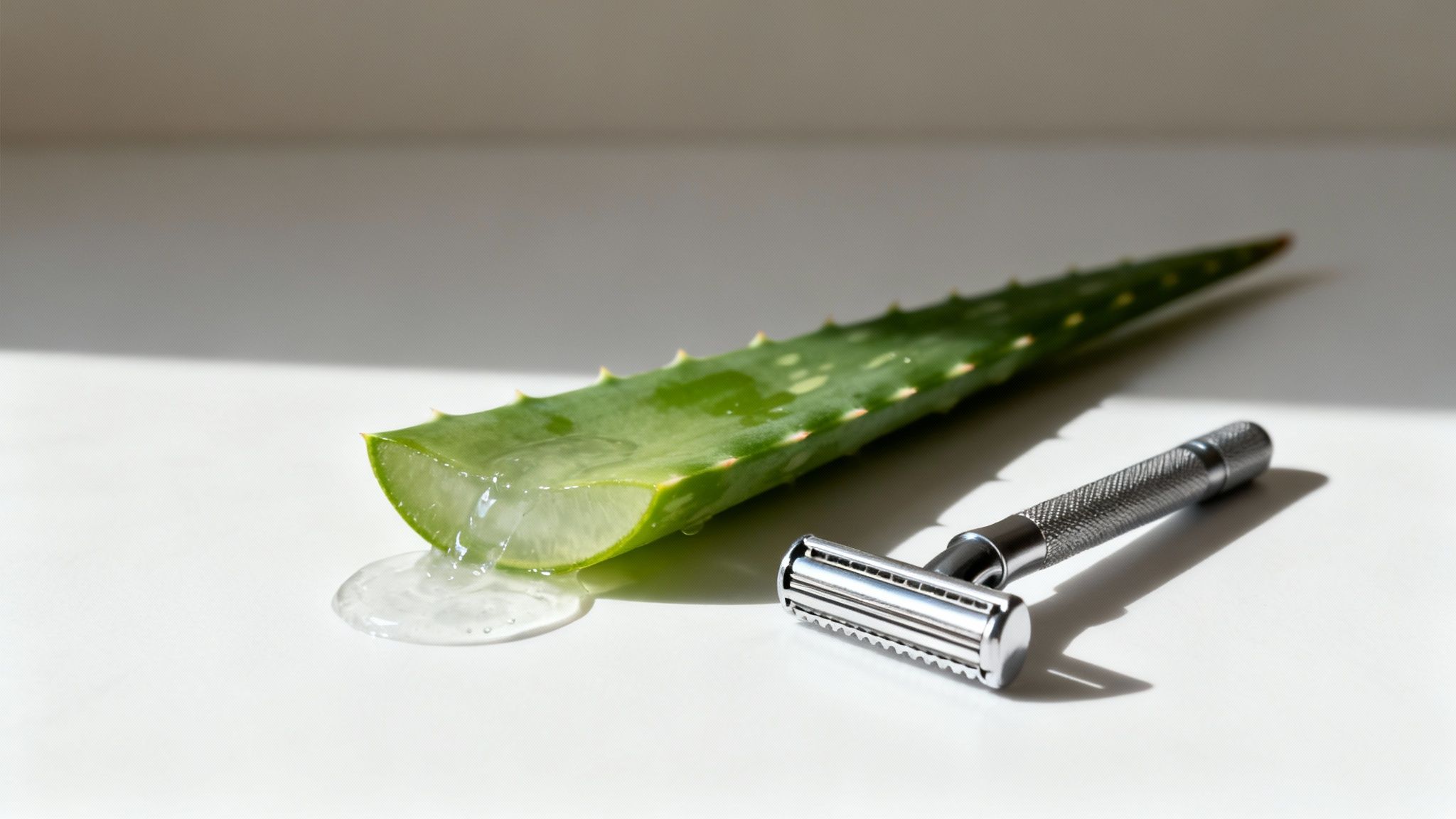 A person applying clear aloe vera gel to their leg before shaving, with a razor nearby.