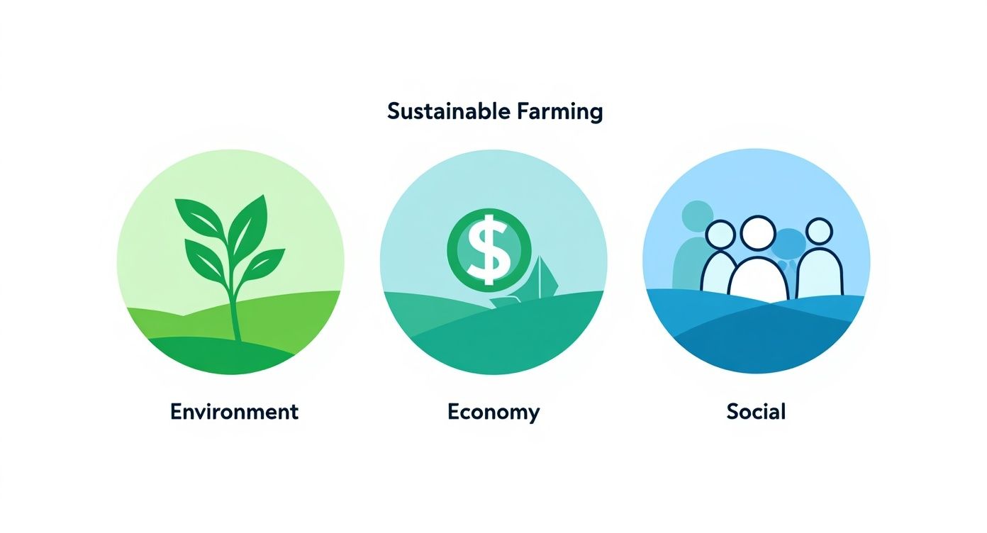 Illustration showing three pillars of sustainable farming: environment (plant), economy (dollar sign), and social (people).