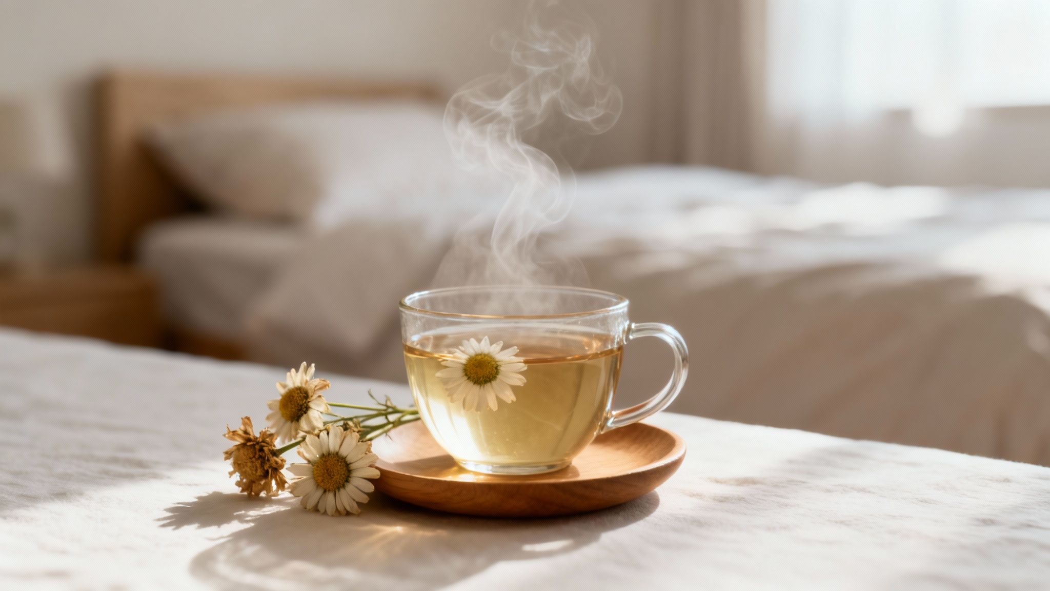 Steaming cup of chamomile tea with a fresh daisy, next to dried flowers, in a sunlit bedroom.