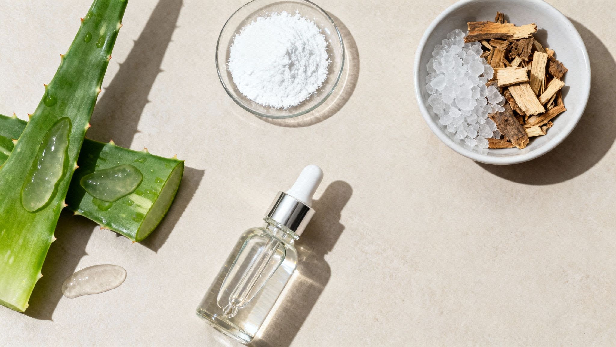 Aloe vera leaves with gel, white powder, wood chips, and a serum bottle for natural skincare.