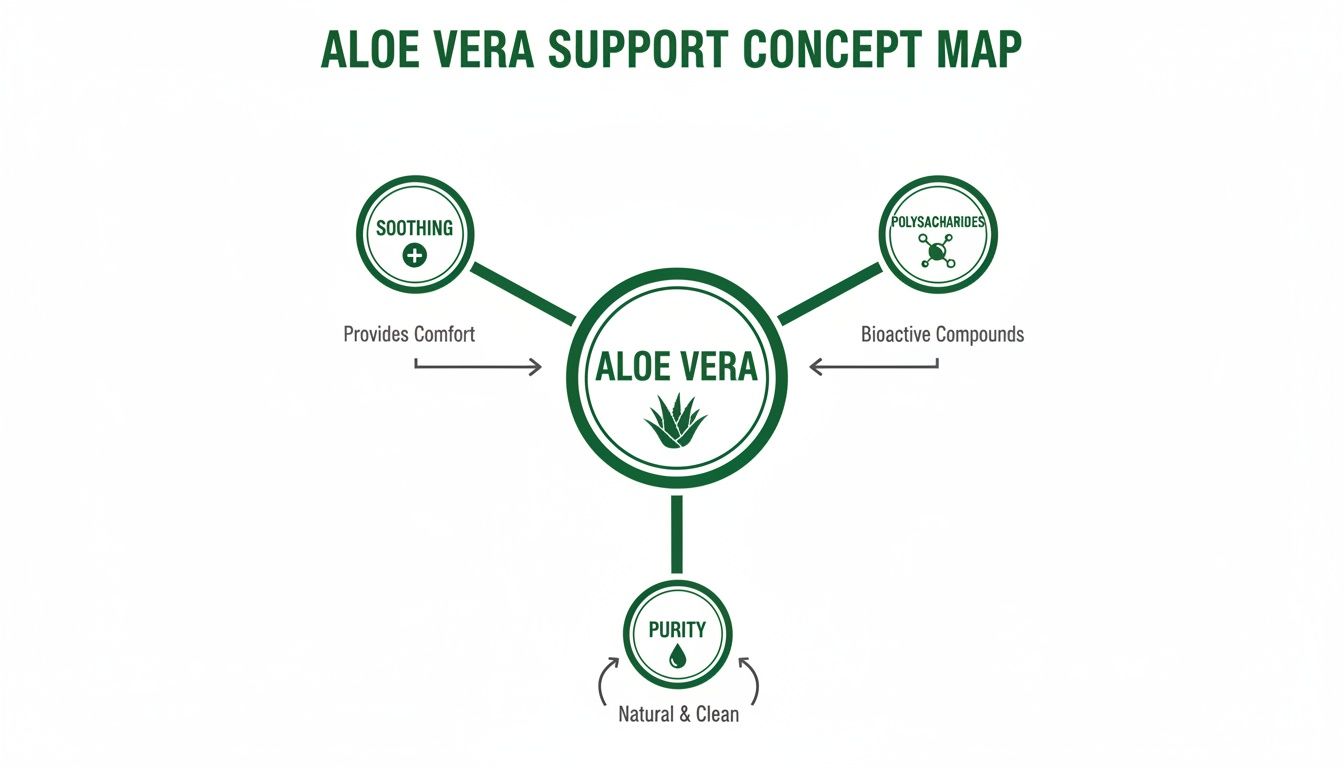 A concept map illustrating Aloe Vera's support properties: soothing, polysaccharides (bioactive compounds), and purity for natural health.