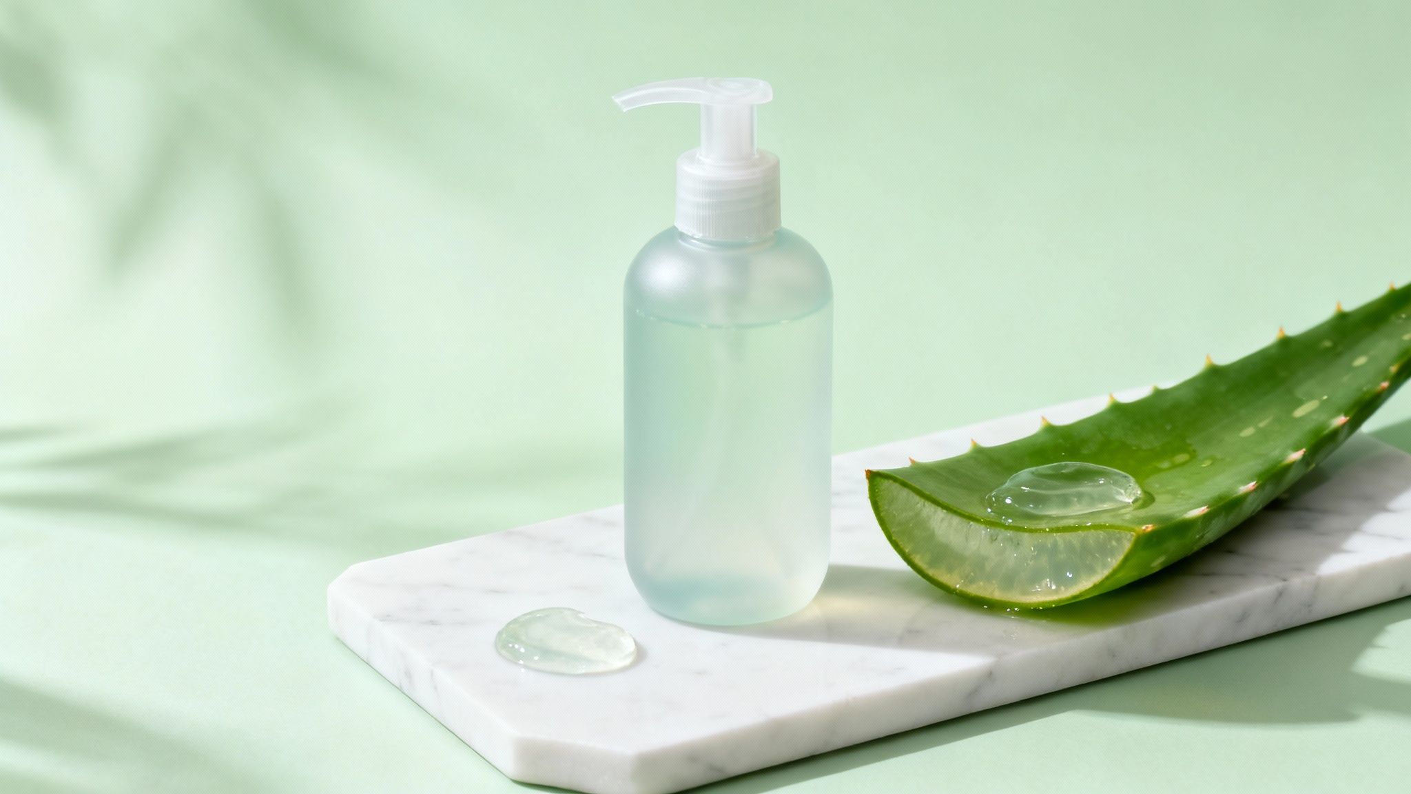 Aloe vera leaf with gel and a pump bottle of natural skincare product on a marble slab.