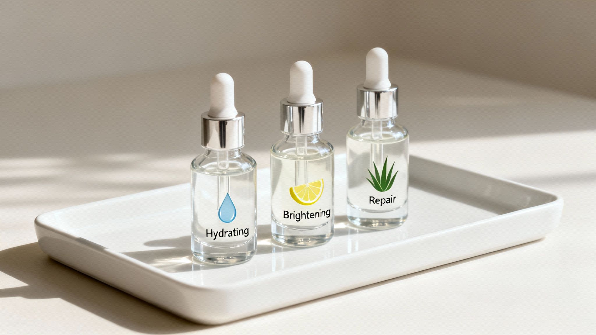 Three glass dropper bottles containing skincare serums for hydrating, brightening, and repair on a white tray.