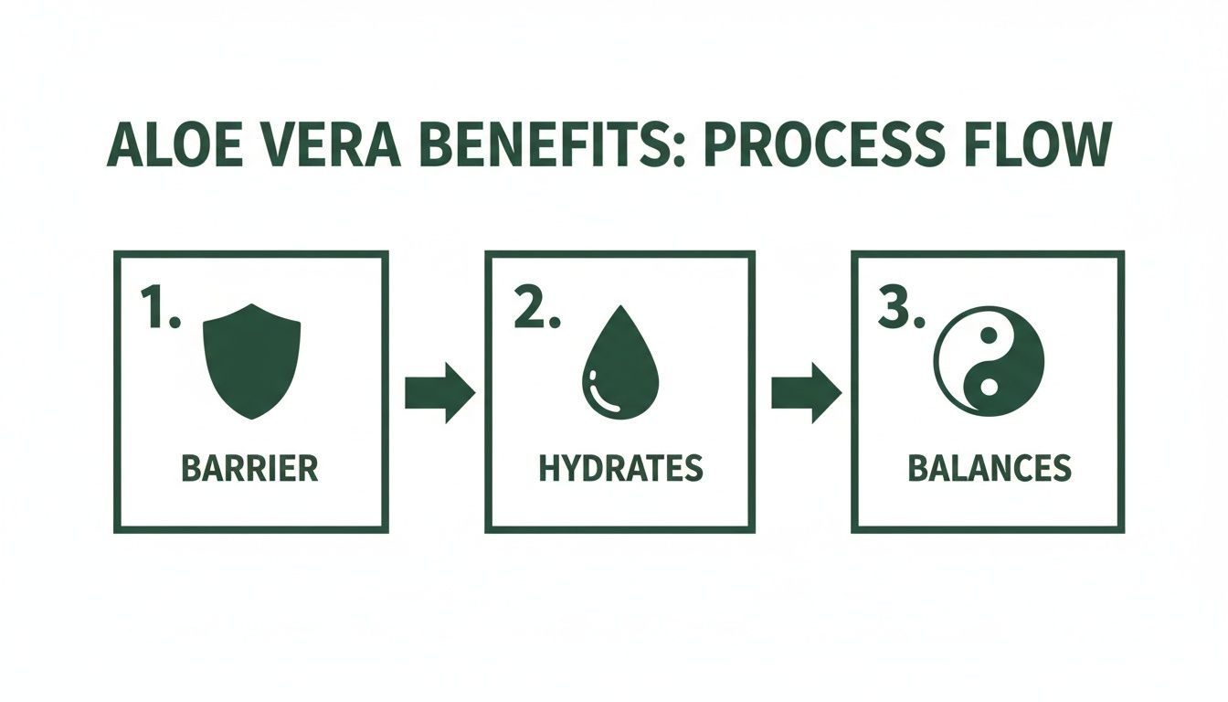 Infographic displaying aloe vera benefits process flow: barrier, hydrates, and balances, with corresponding icons.