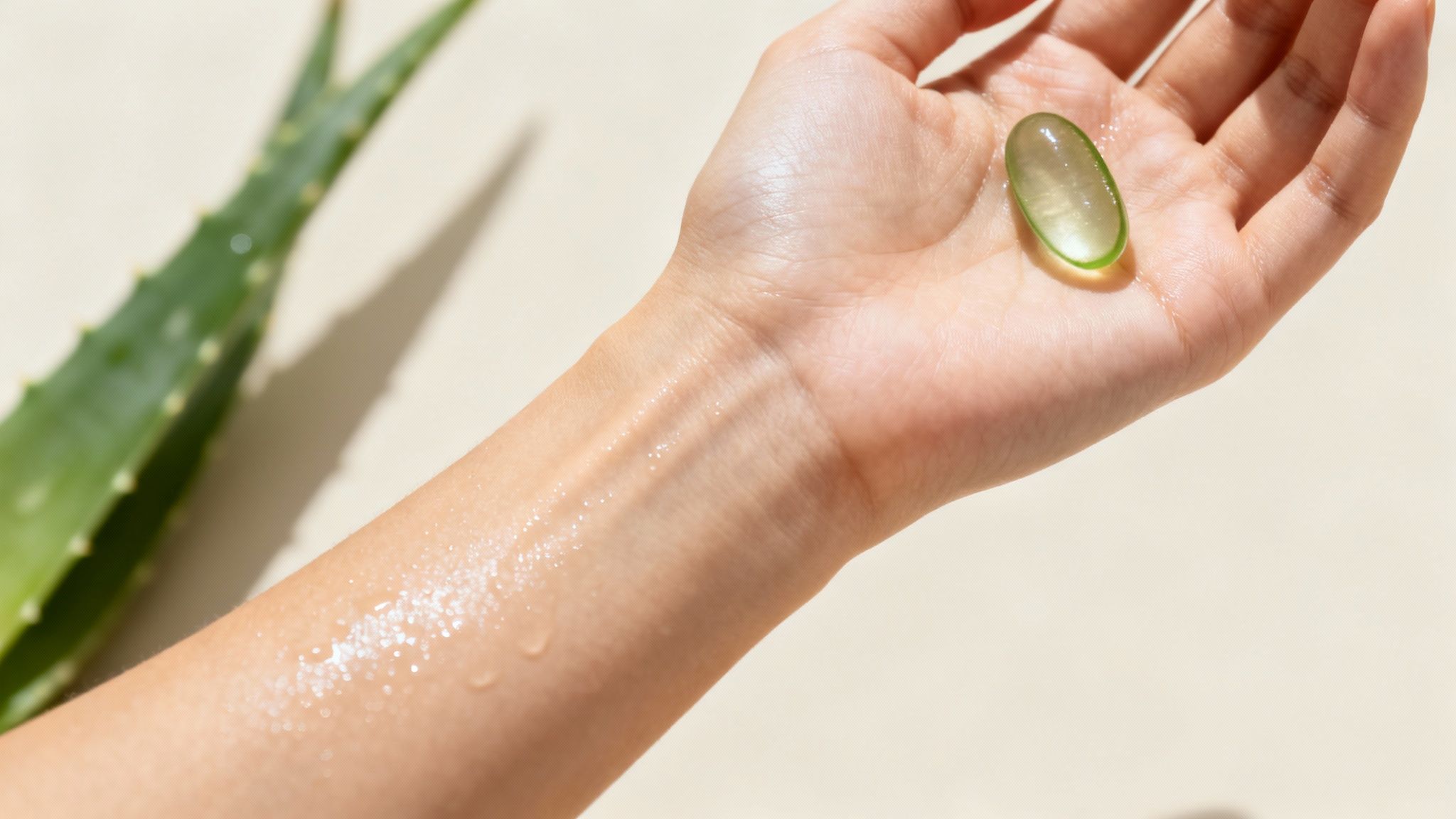 A woman with clear, glowing skin, holding a fresh aloe leaf, representing skin vitality.