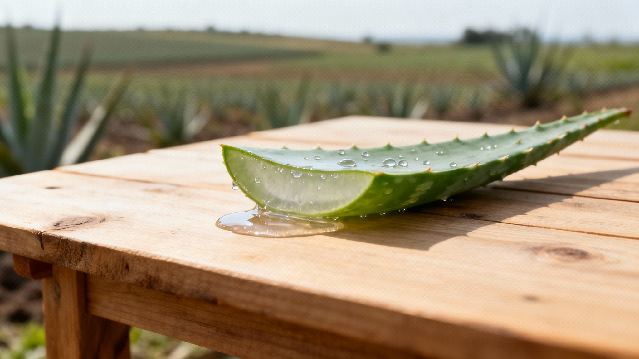 Freshly cut aloe vera leaf with gel and water droplets on a wooden table in an aloe field.