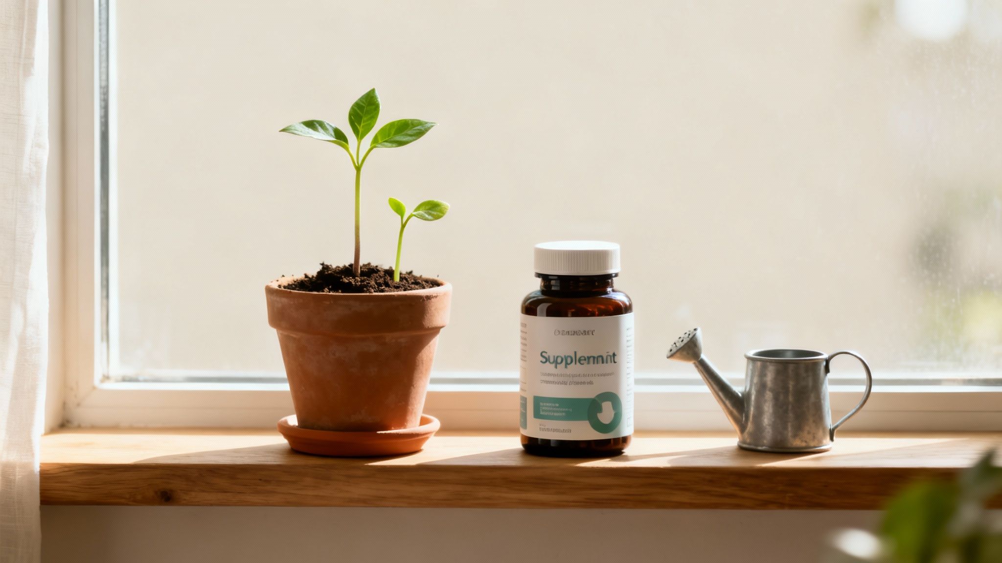 Green plant sprouts in a terracotta pot, a supplement bottle, and a metal watering can on a sunny windowsill.