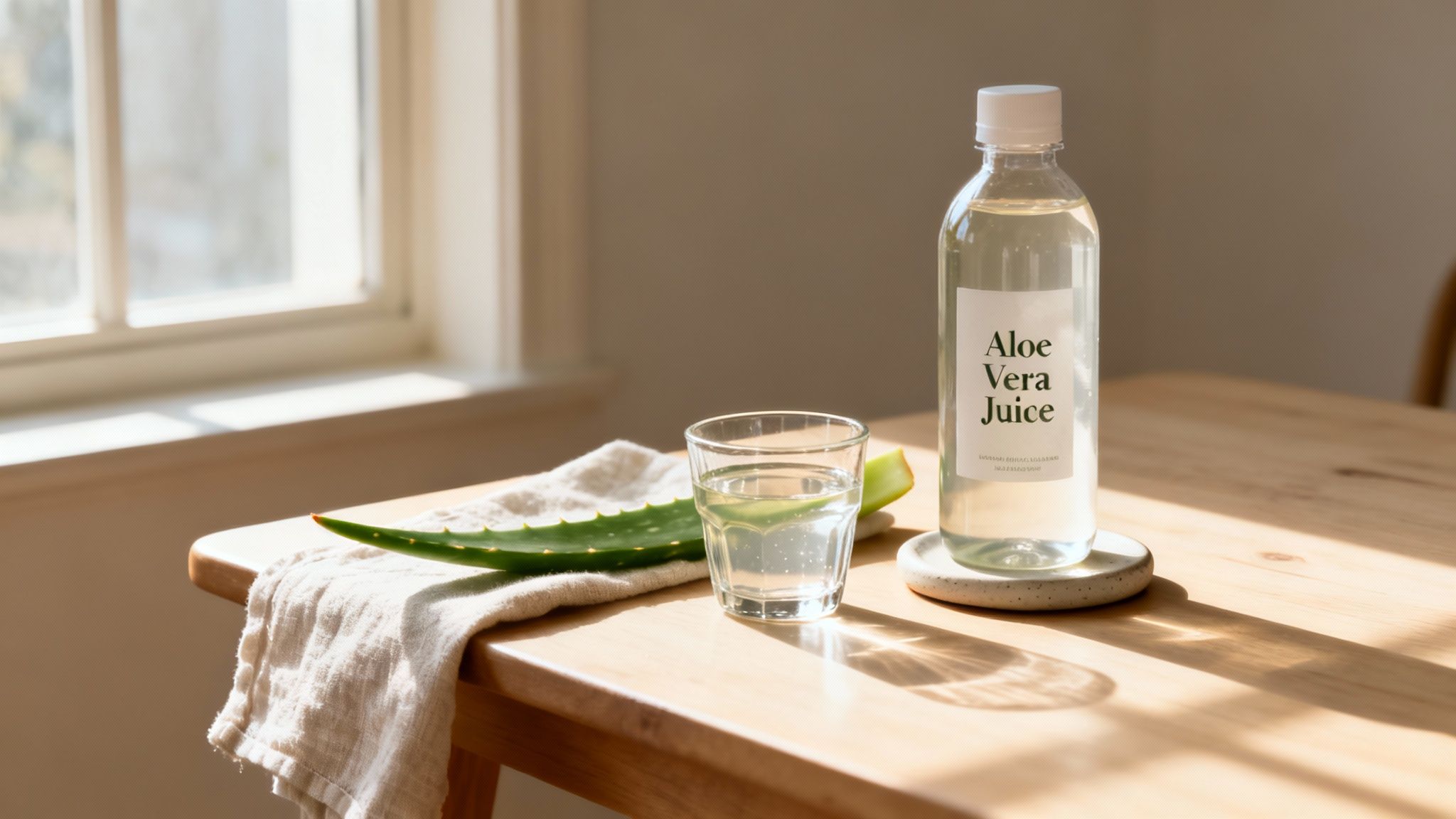 A bottle of aloe vera juice, a glass of water, and an aloe leaf on a wooden table by a window.