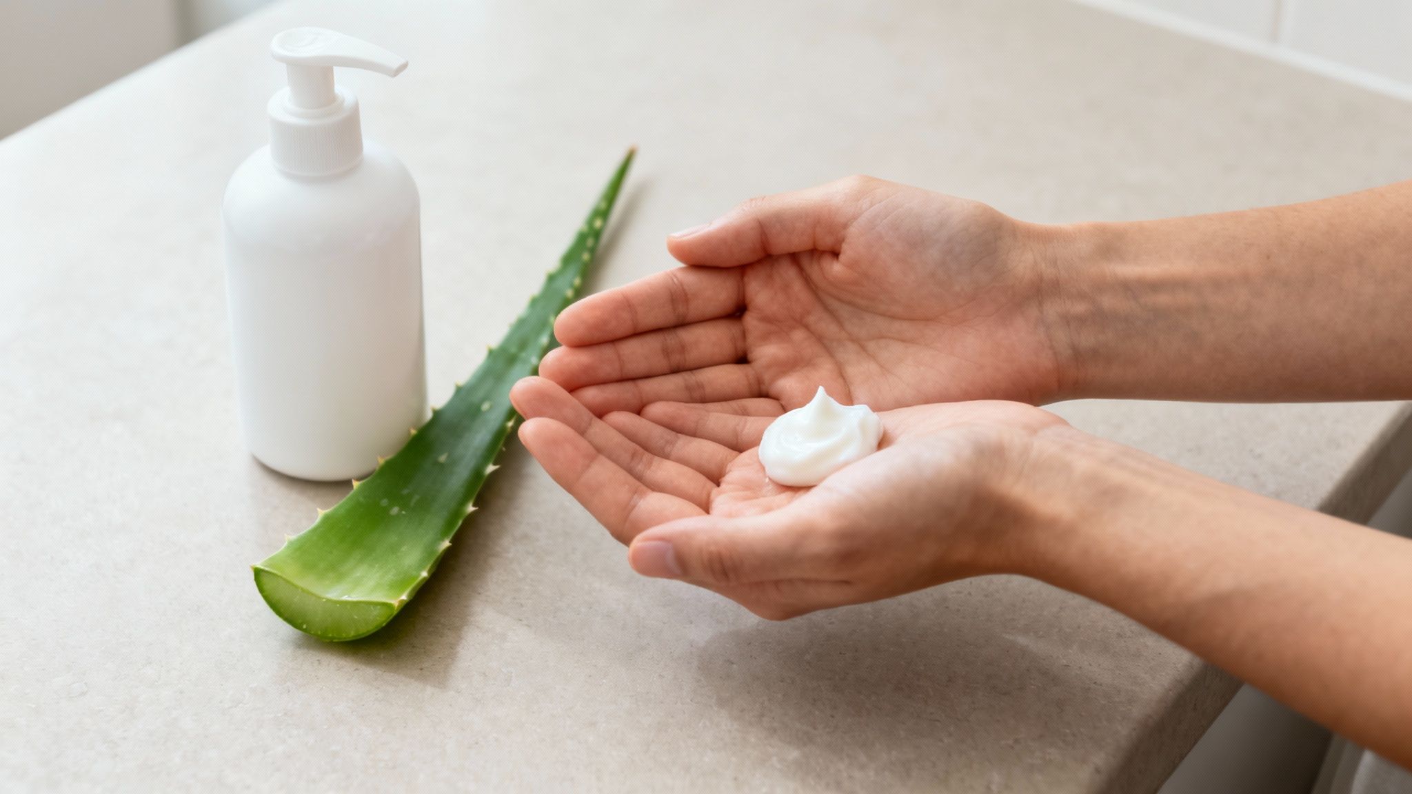 Hands hold a dollop of white cream, next to a white pump bottle and a fresh aloe vera leaf.