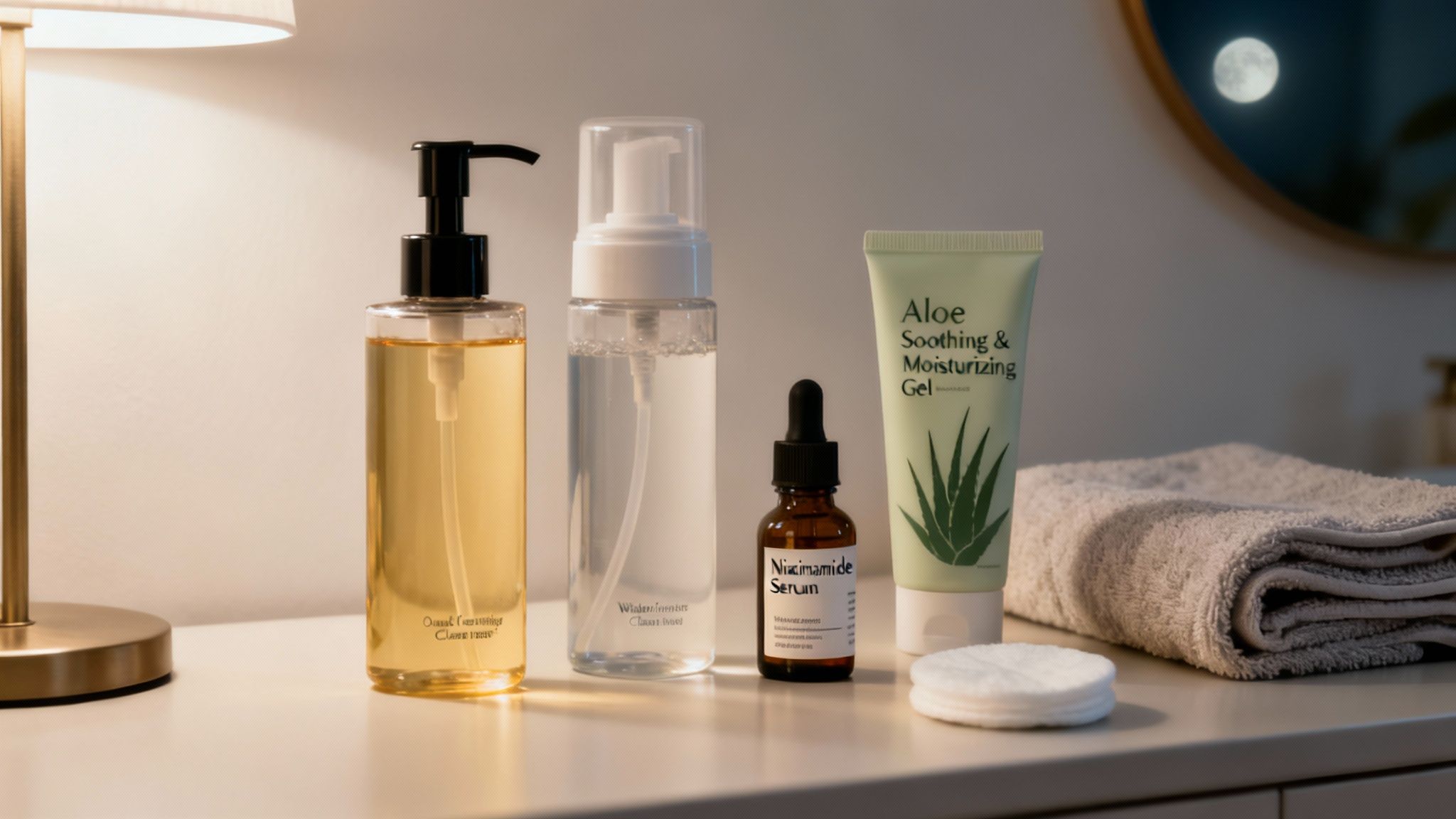 A collection of various skincare products, including cleansers, serum, and aloe gel, on a bathroom counter at night.