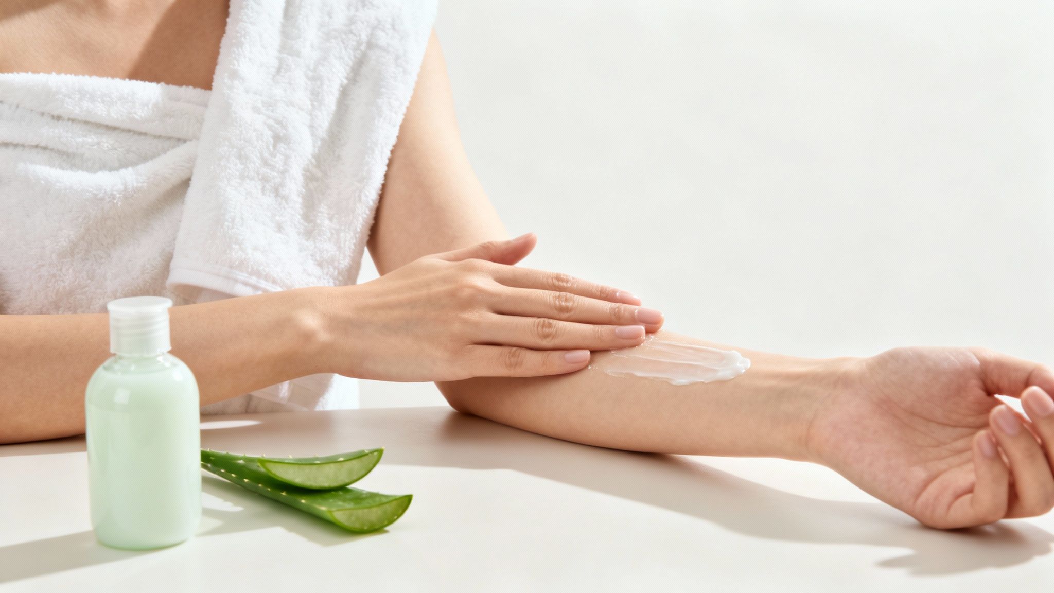 Person applying aloe vera body lotion to their leg after a shower.
