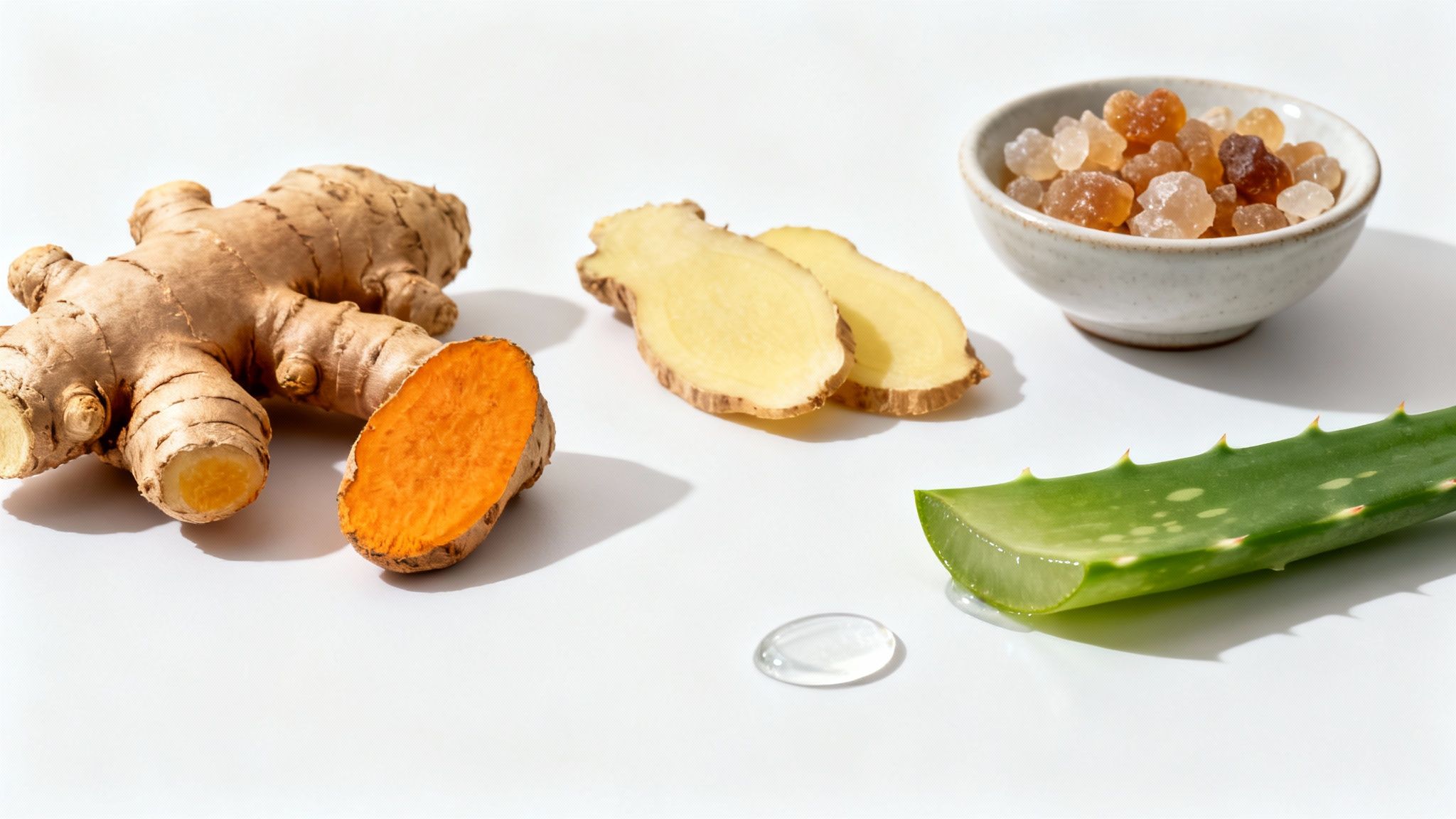Natural ingredients: ginger root, sliced ginger, turmeric, rock sugar, and aloe vera leaf.