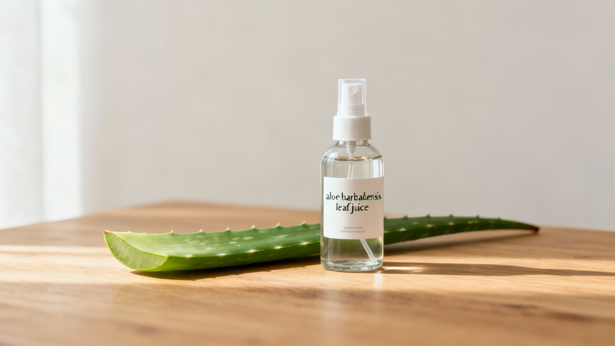 A person inspecting the label of an aloe vera spray bottle in a bright, clean setting.