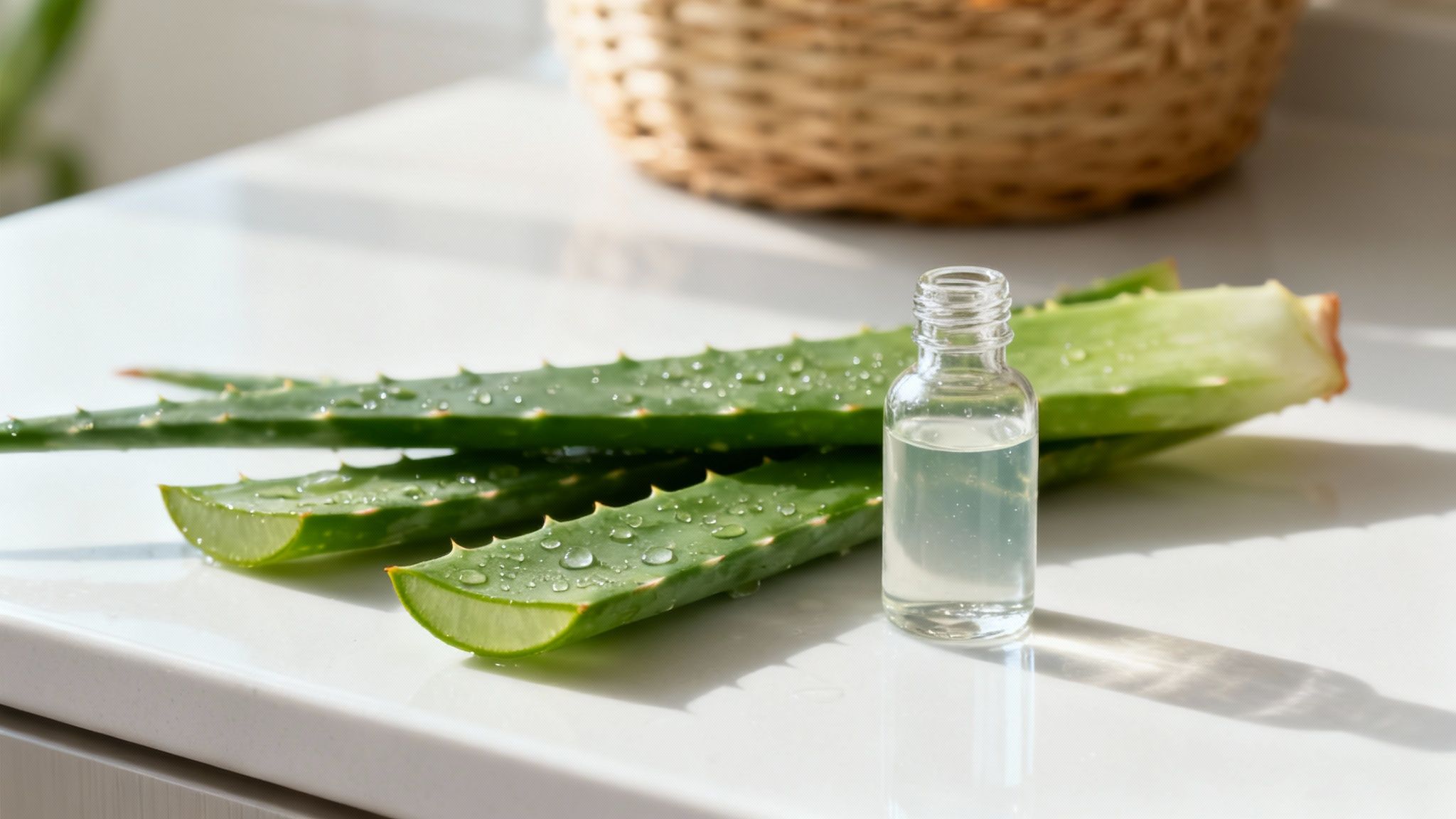 Fresh aloe vera leaves with water droplets and a bottle of aloe vera liquid on a white table.