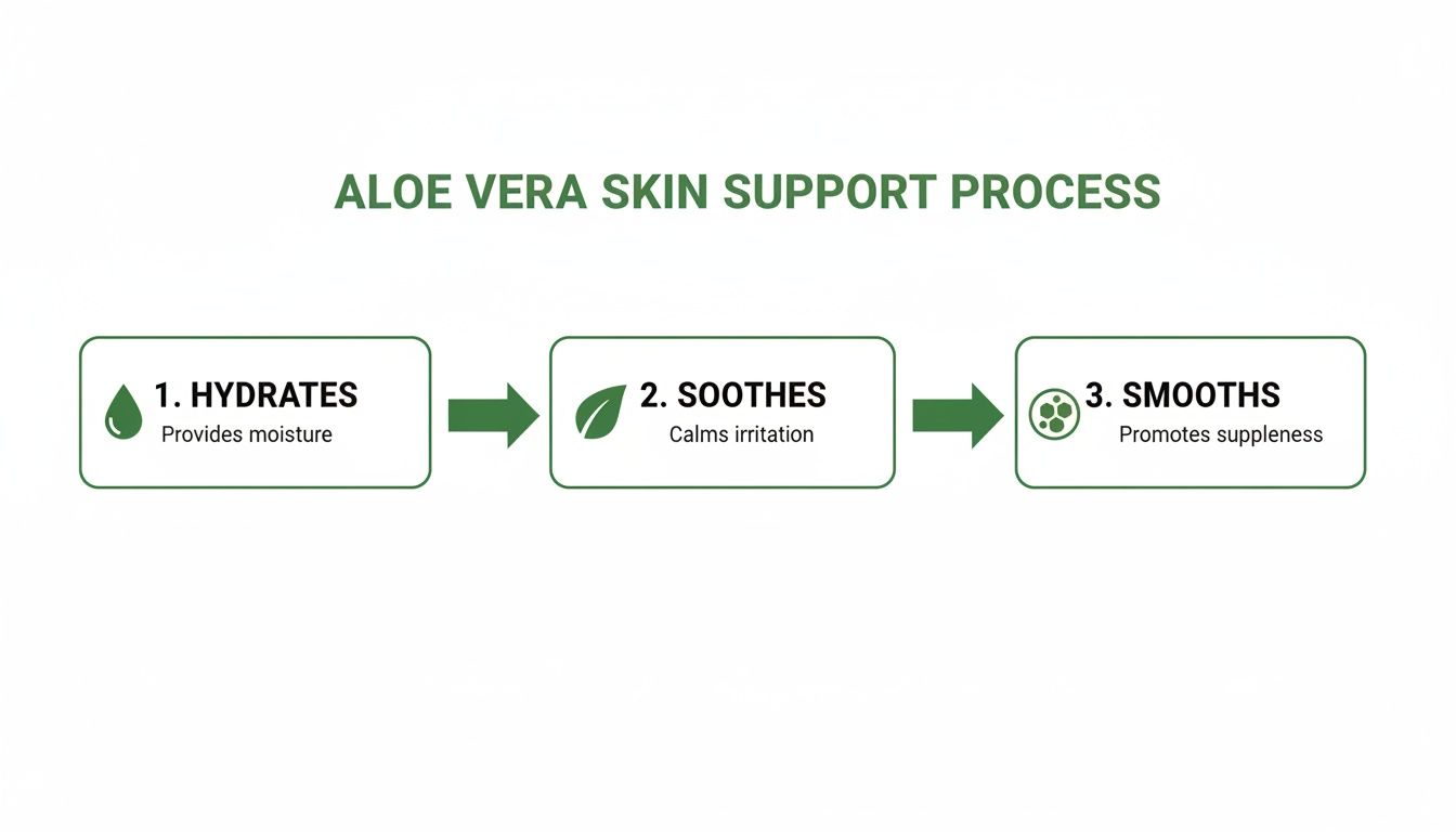 Diagram showing the three-step aloe vera skin support process: hydrates, soothes, and smooths.