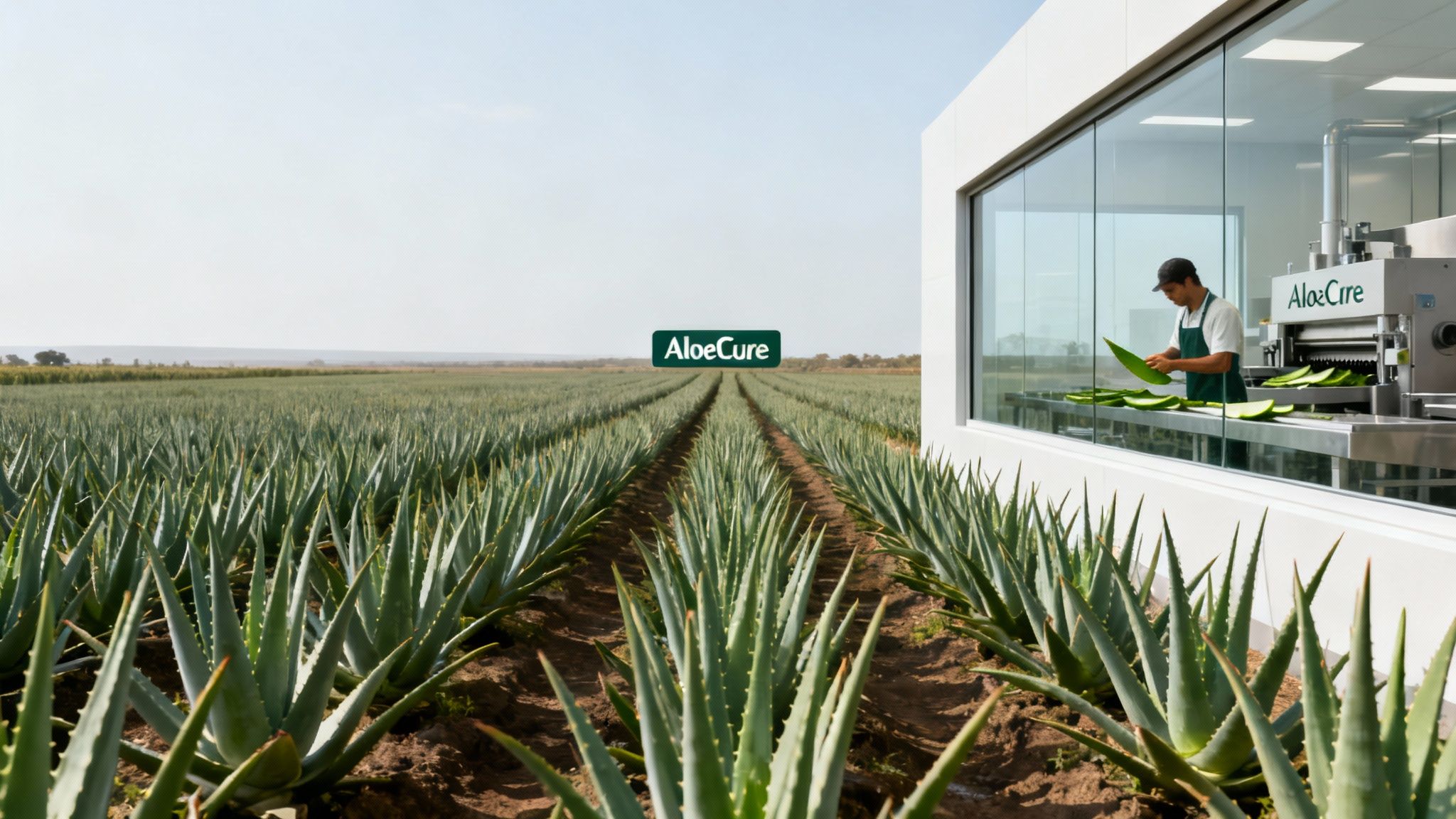 A sprawling aloe vera farm adjacent to a modern processing facility, where a worker handles fresh aloe leaves.