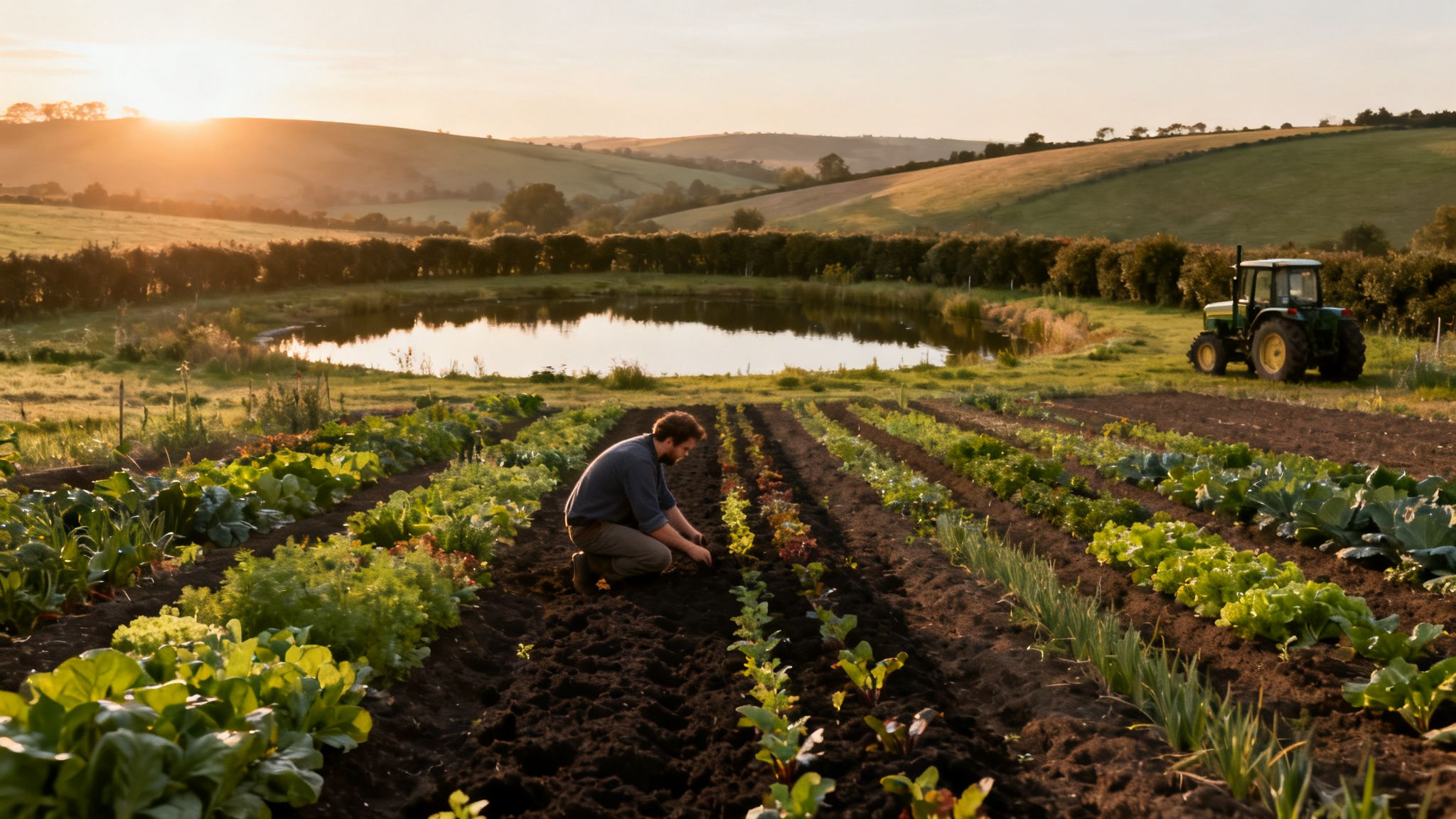 A farmer kneels, tending to rows of fresh vegetables in a lush field at sunset.