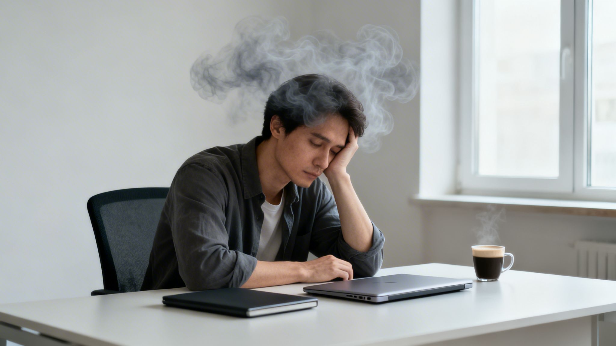 A tired man with smoke above his head, sitting at a desk with a laptop.