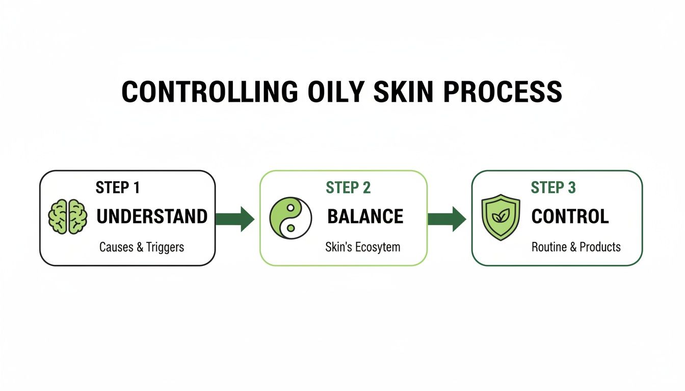 A visual guide detailing a three-step process for controlling oily skin: Understand, Balance, and Control.