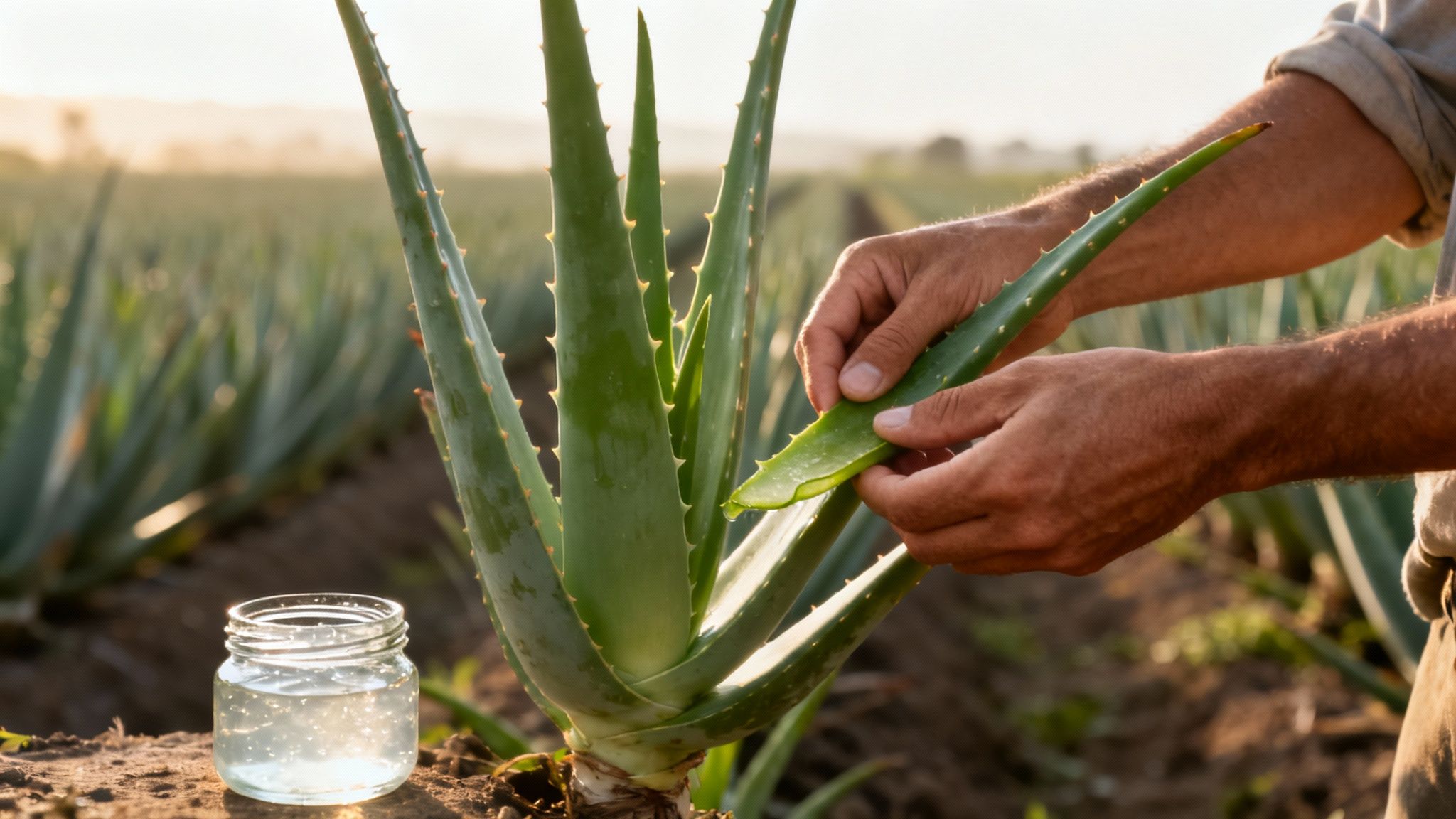 Hands harvesting a fresh aloe vera leaf in a sunny field, with a jar of gel.