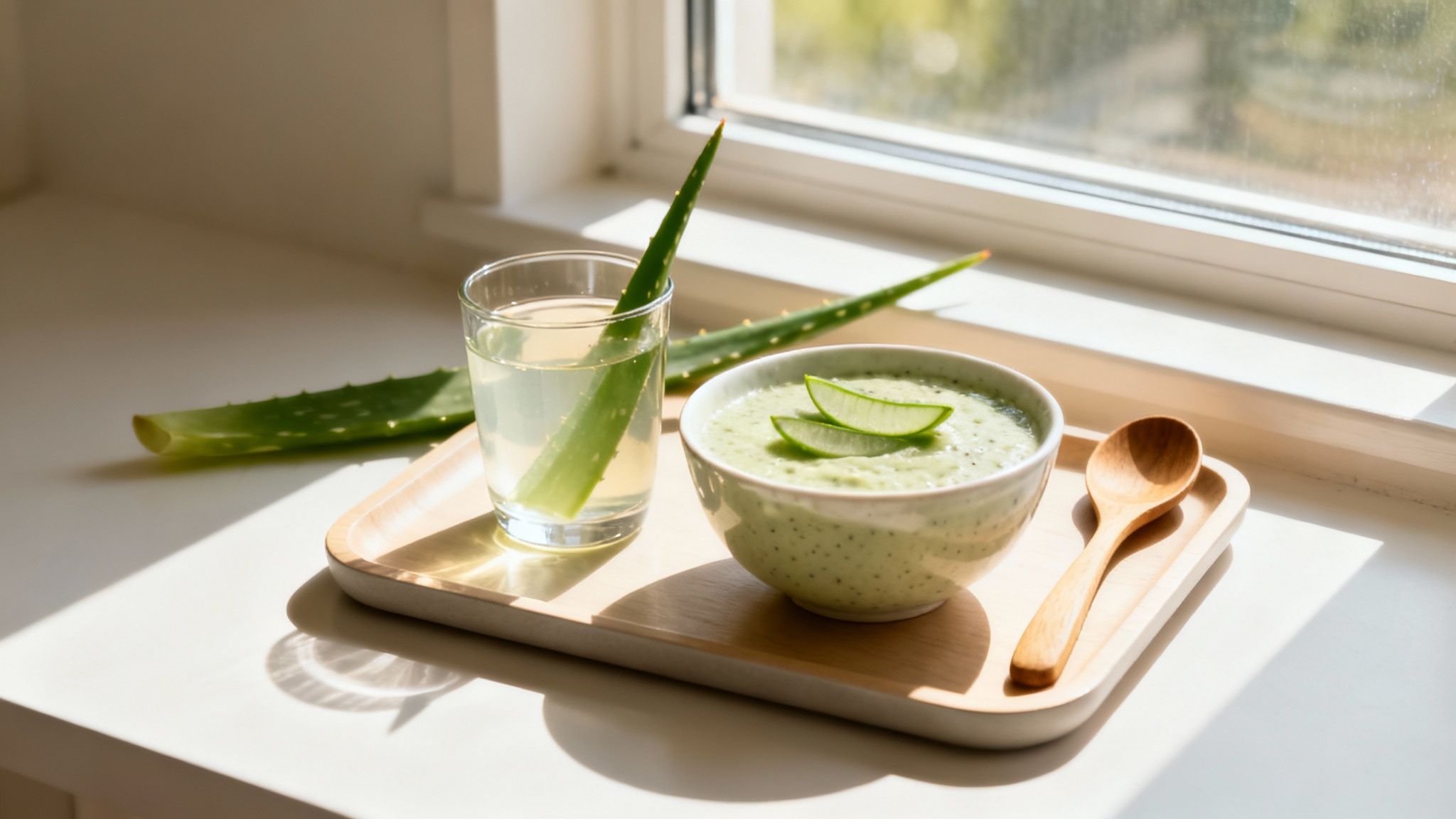 A person pouring clear aloe vera juice into a glass with a pitcher of the juice and fresh aloe leaves on a wooden table.