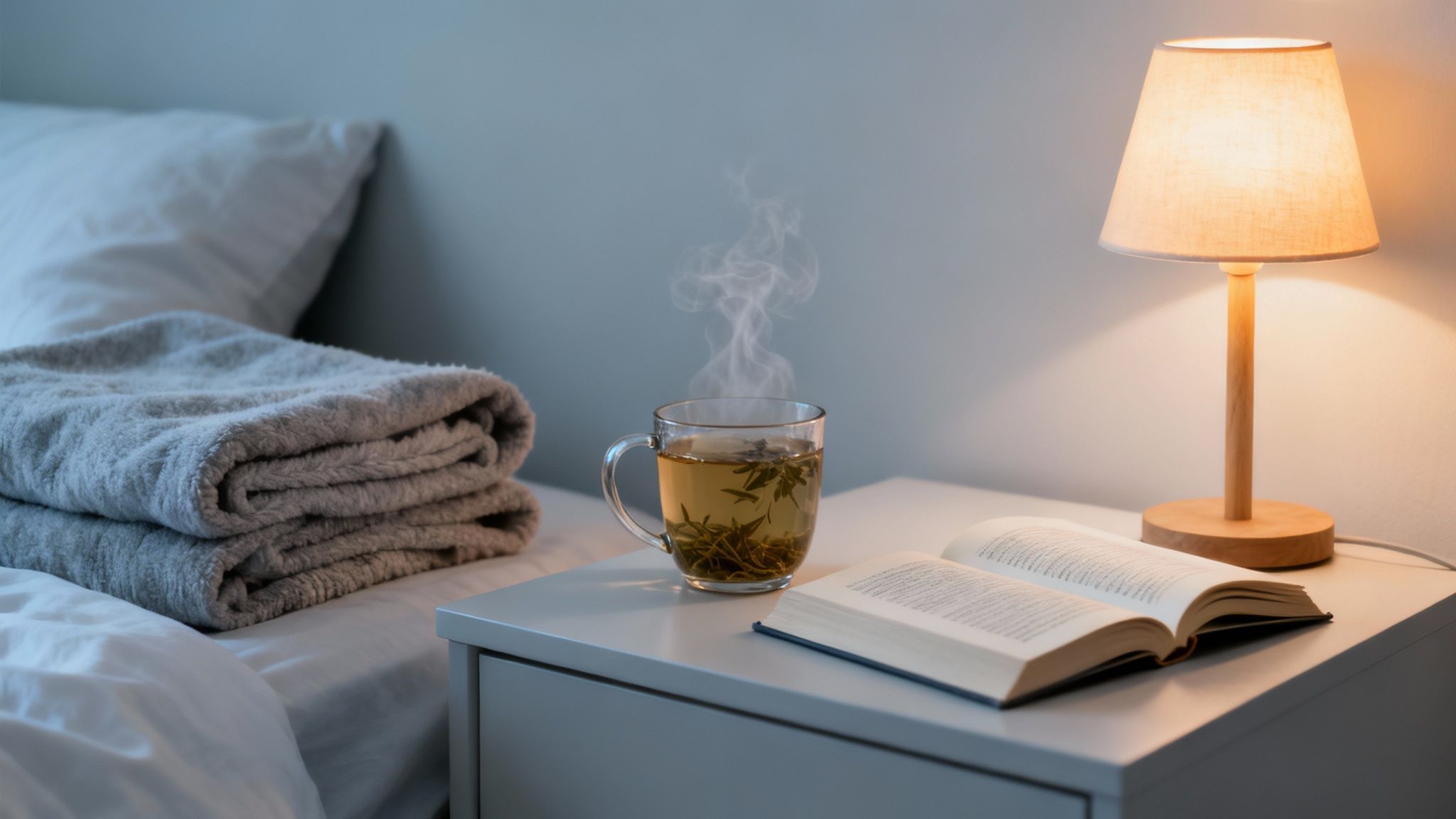 A steaming cup of tea, an open book, and a lit lamp create a cozy bedtime scene.