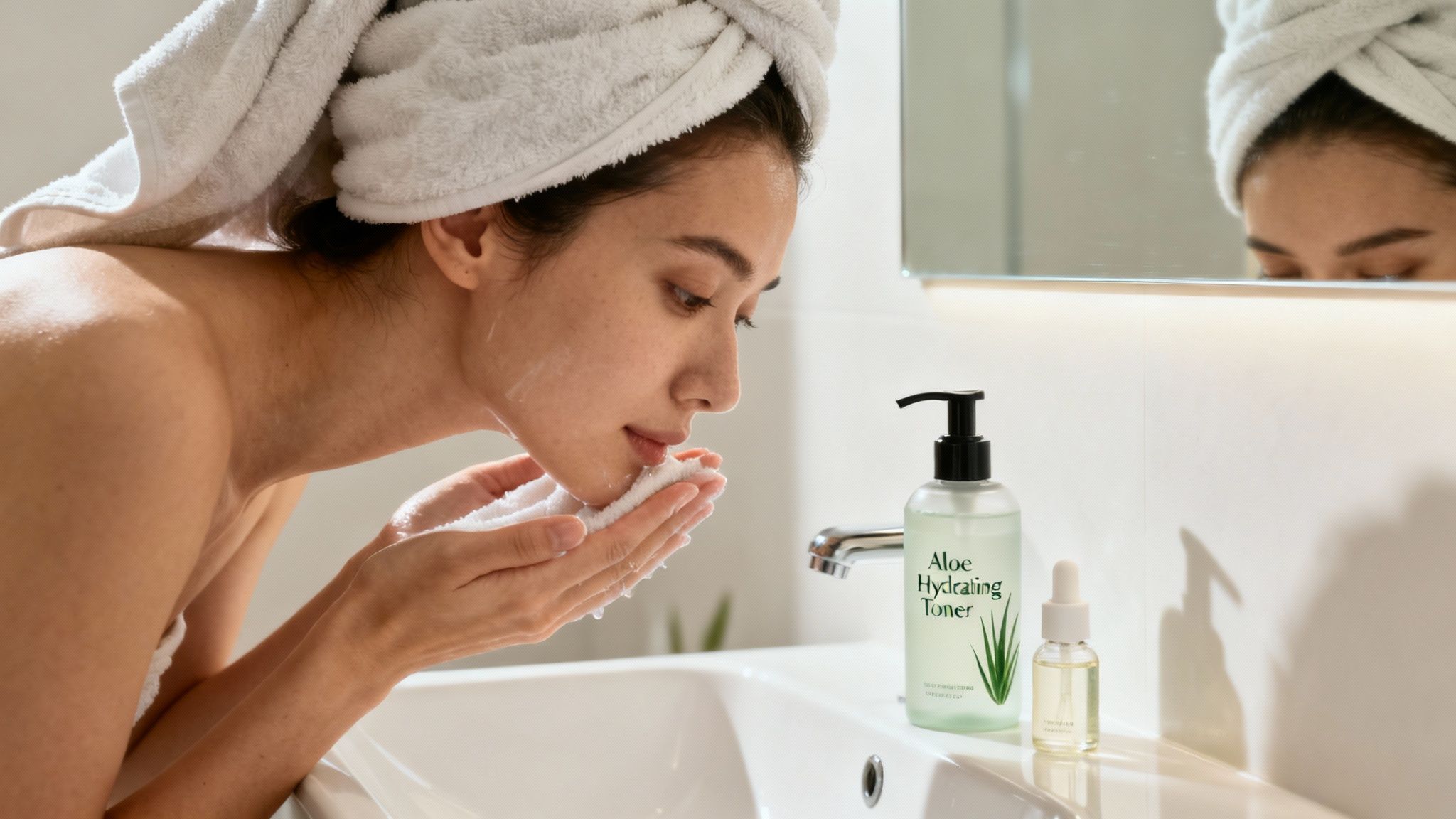 Young woman cleansing her face with natural skincare products, wearing a towel turban in a bathroom.
