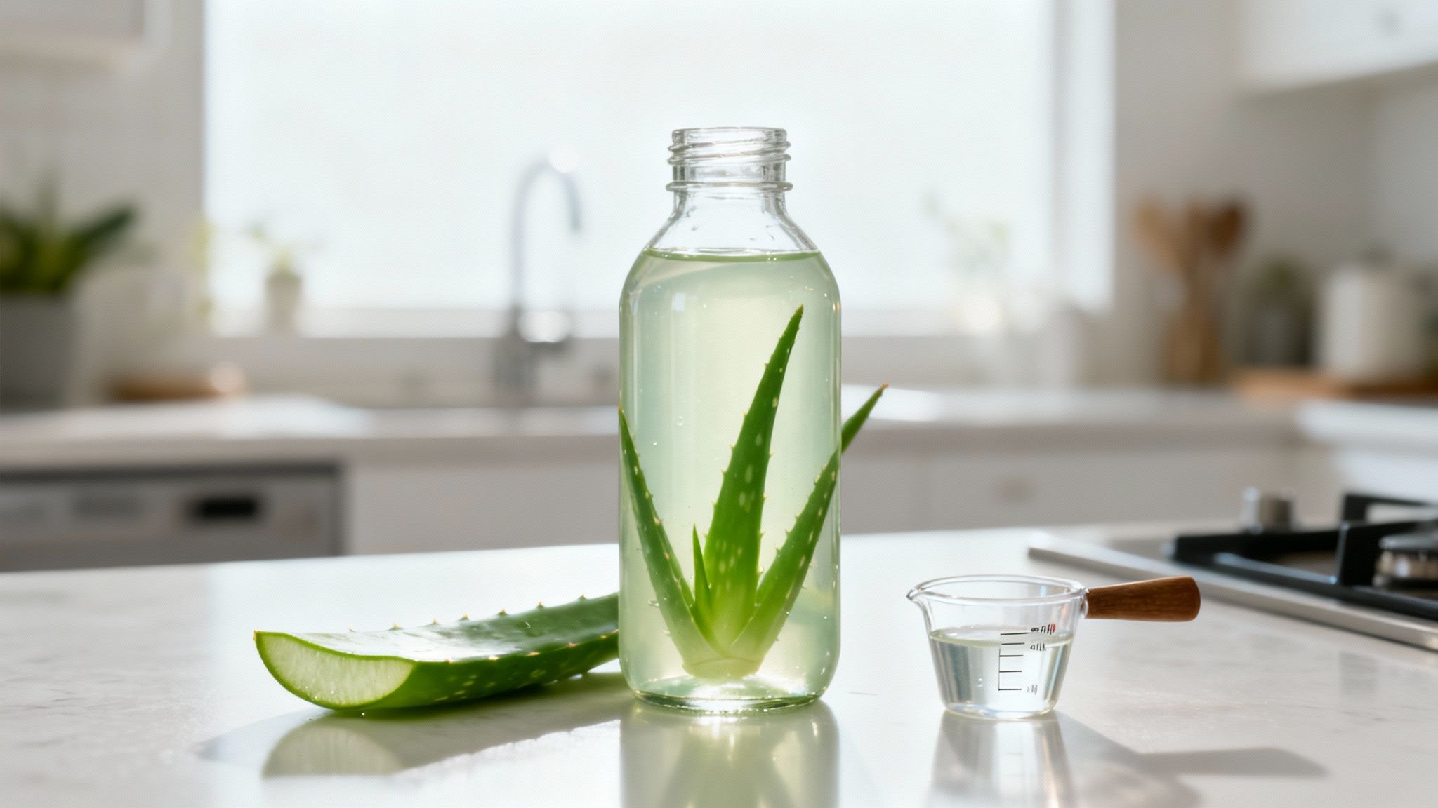 Bottle of aloe vera juice with fresh leaves on a bright white kitchen counter, showcasing natural health.