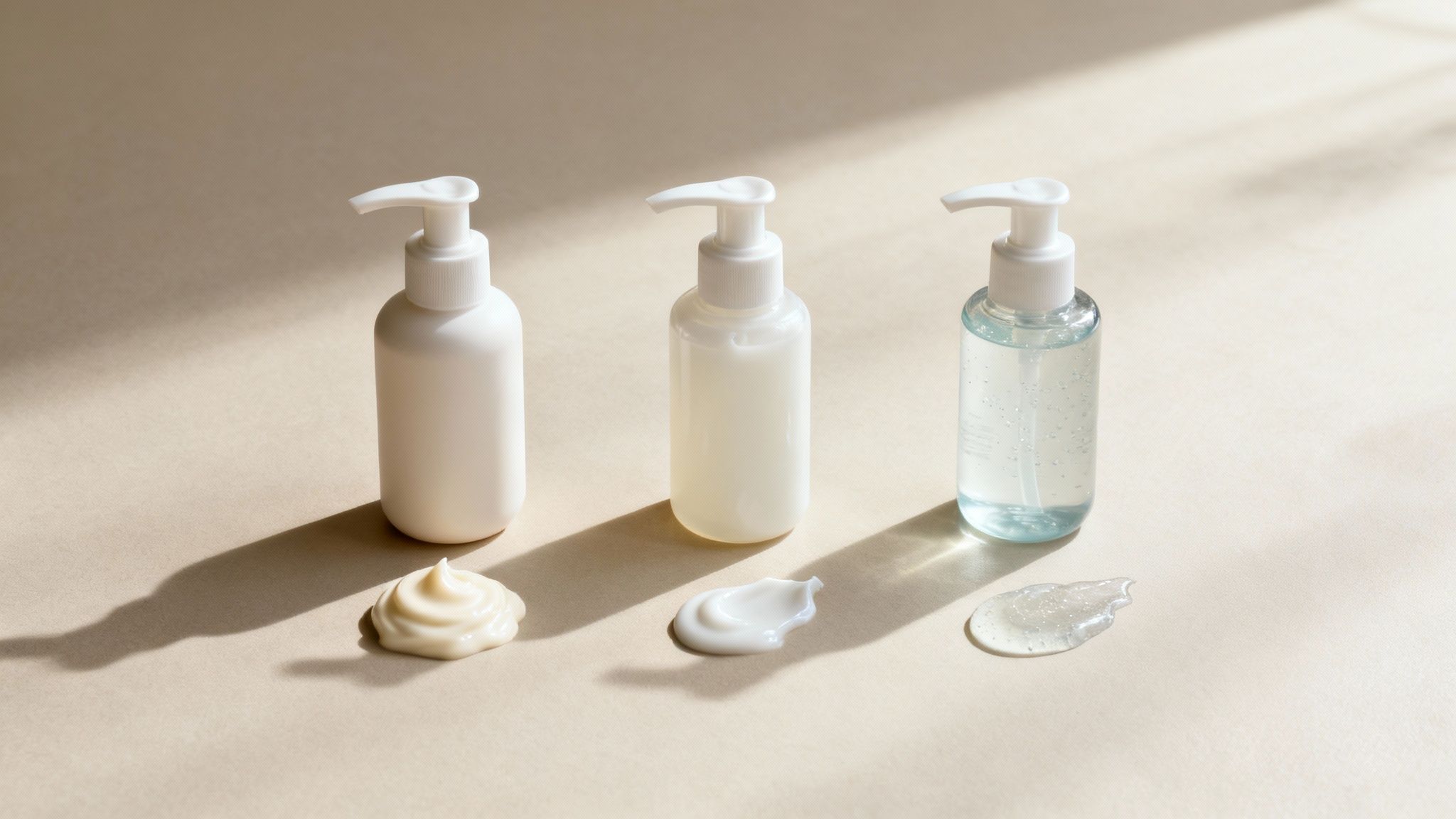 A woman with clear skin smiling and holding a bottle of aloe vera body lotion.