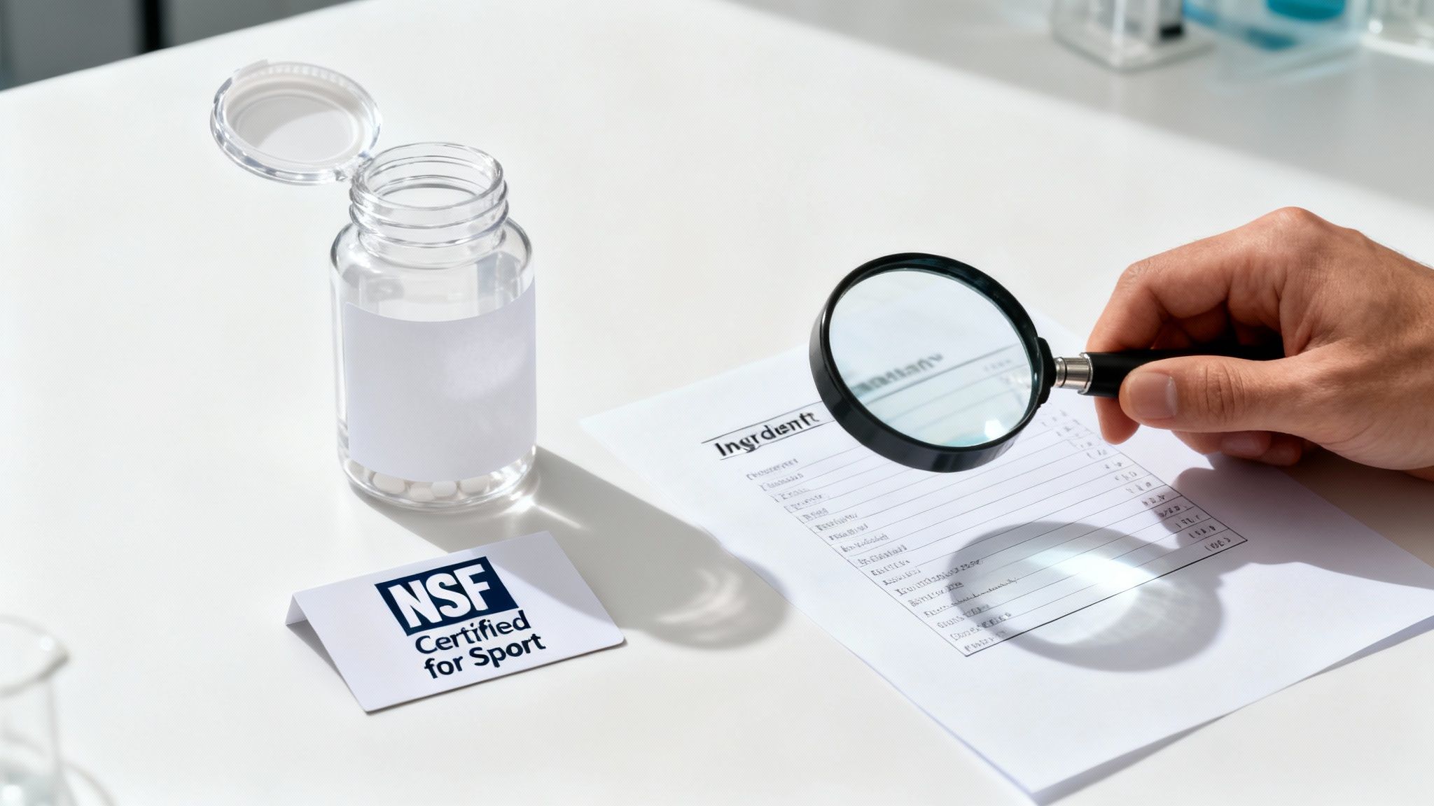 Hand uses a magnifying glass to read supplement ingredients next to a NSF certified bottle.