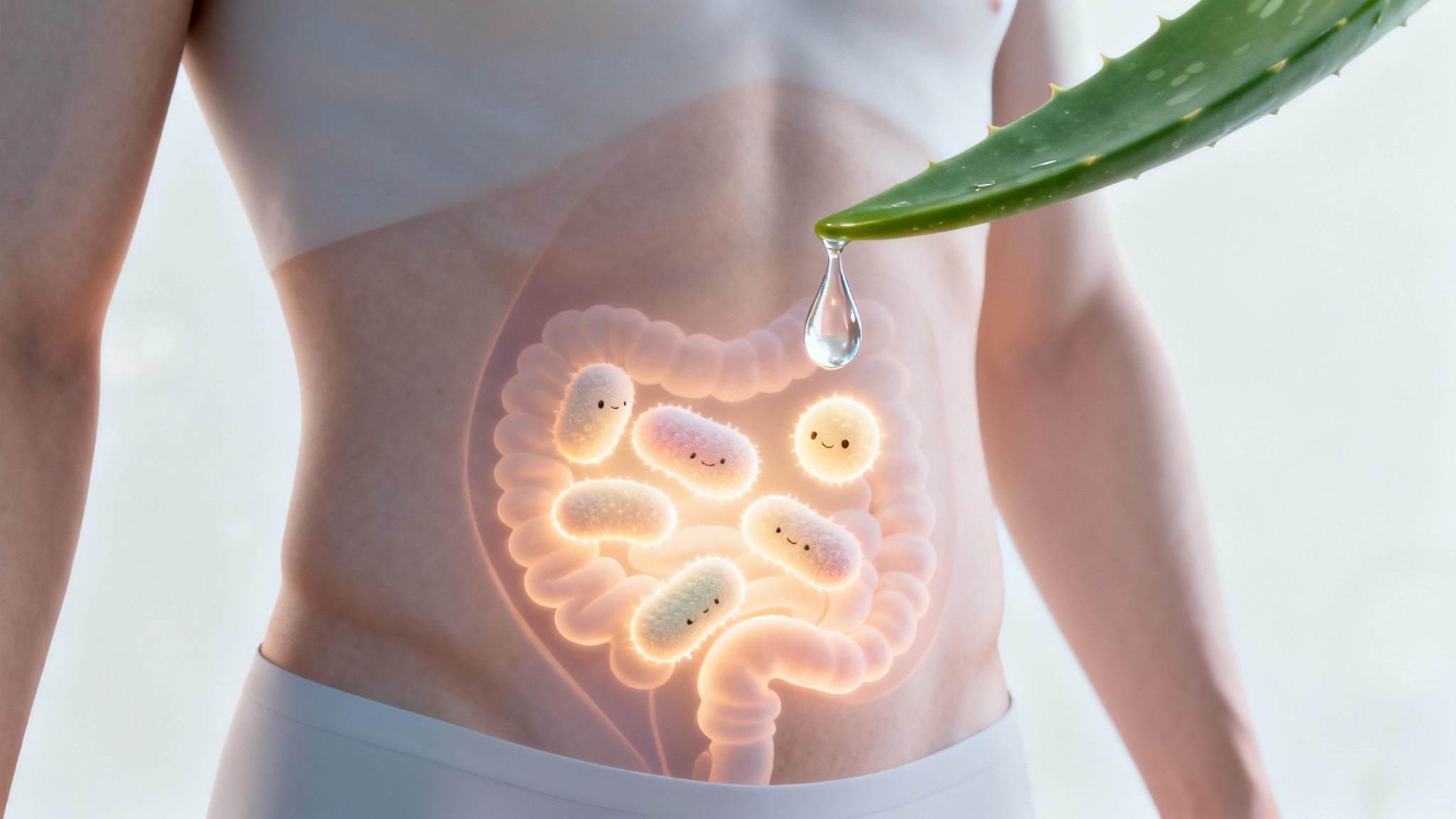 Aloe vera dropping liquid into a glowing intestine with happy gut bacteria, representing digestive health.