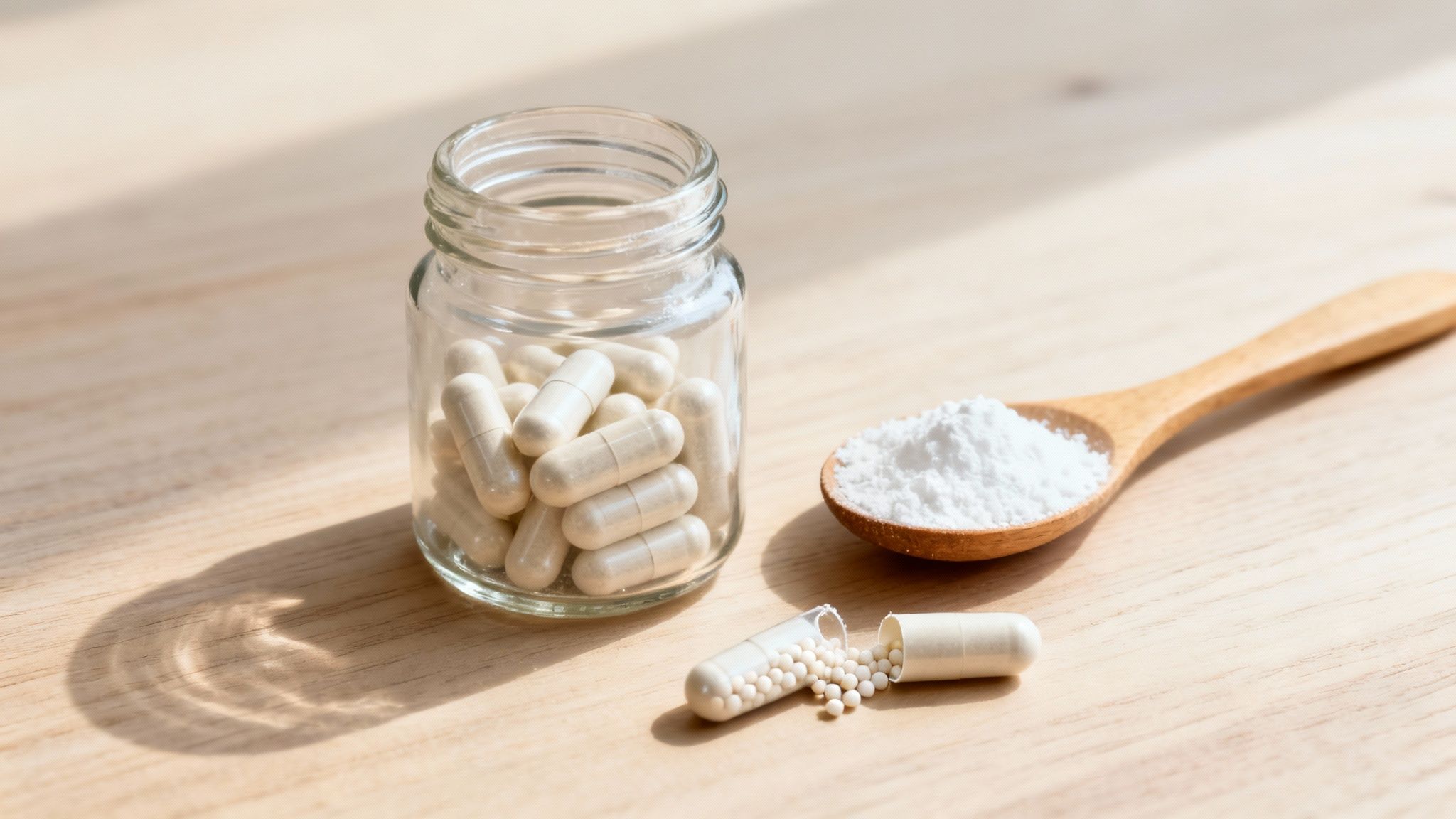Off-white capsules in a glass jar, white powder on a wooden spoon, and an open capsule with pellets.