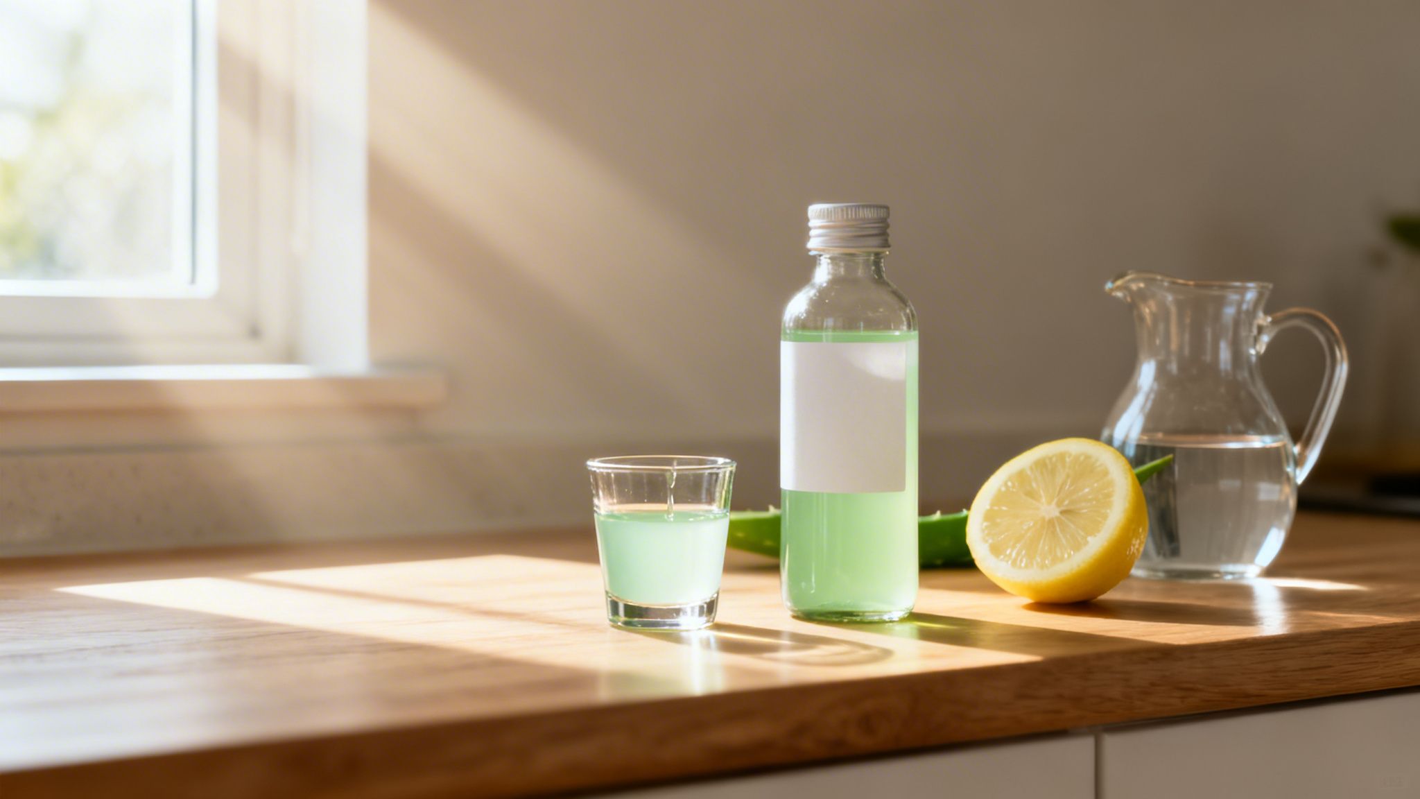Fresh aloe juice in a glass and bottle with a lemon and water pitcher on a sunny kitchen counter.