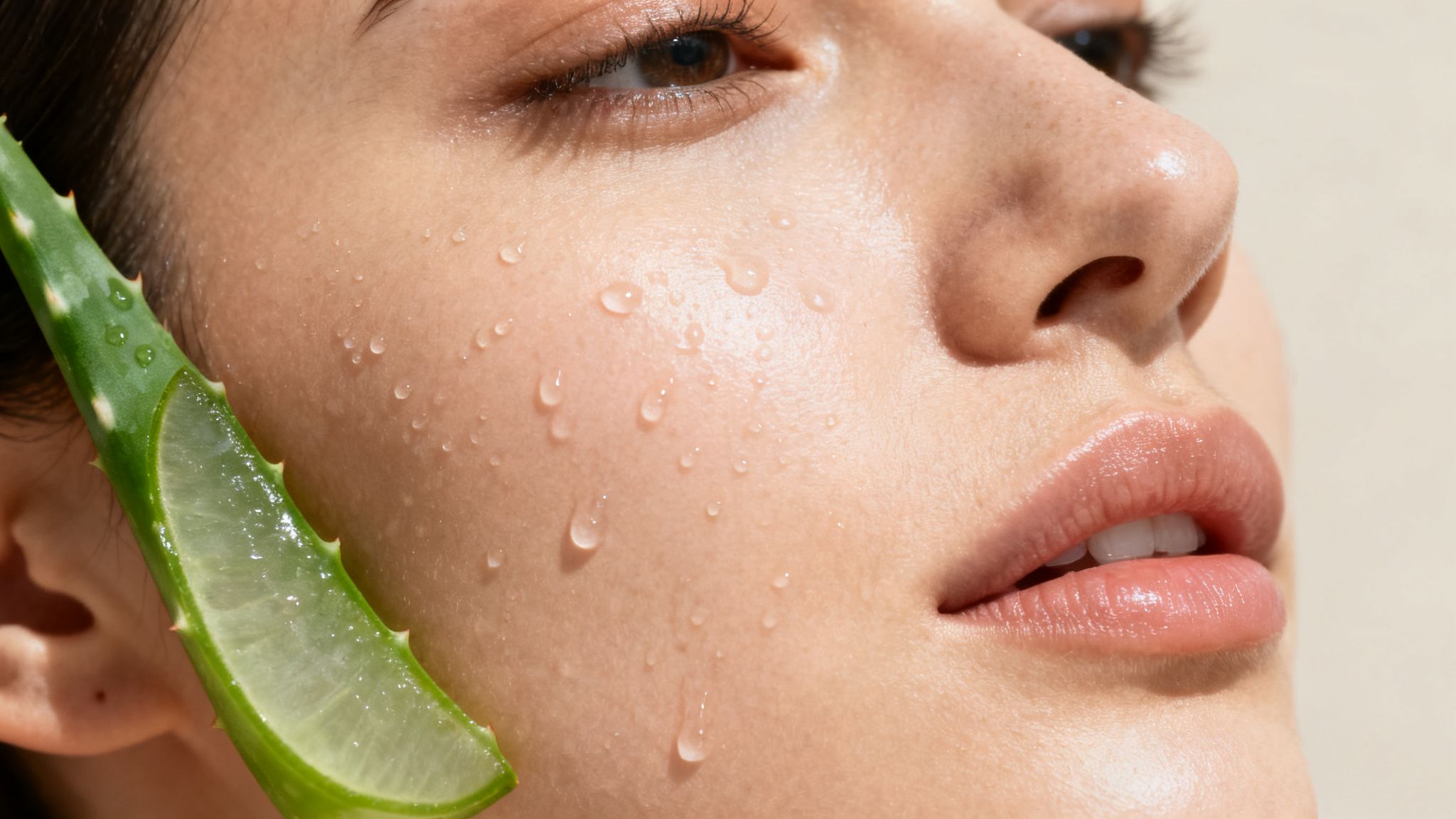 Close-up of a person's hydrated face with water droplets and a fresh aloe vera leaf.