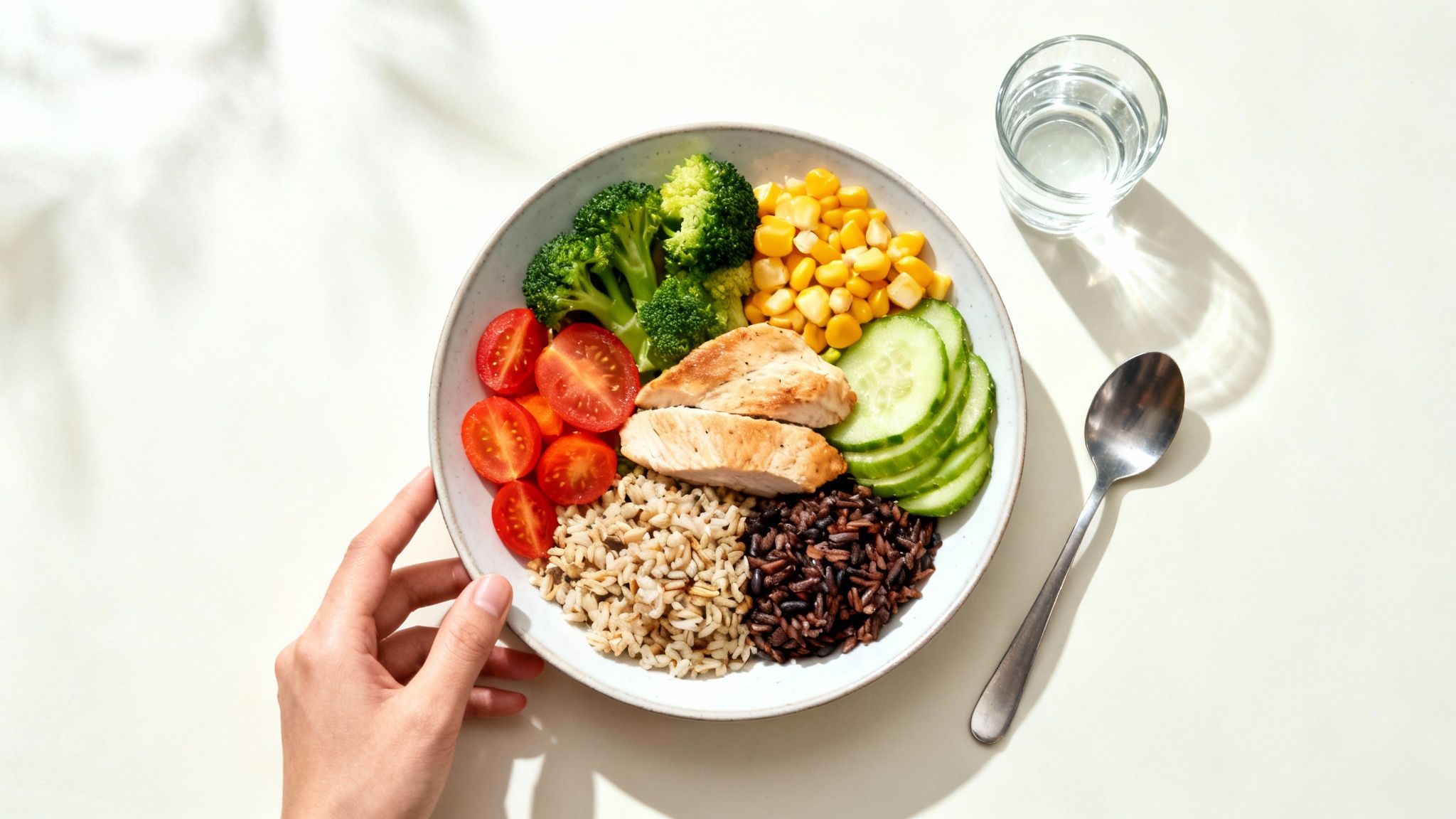 Overhead shot of a hand holding a healthy meal bowl with chicken, vegetables, and rice next to water.