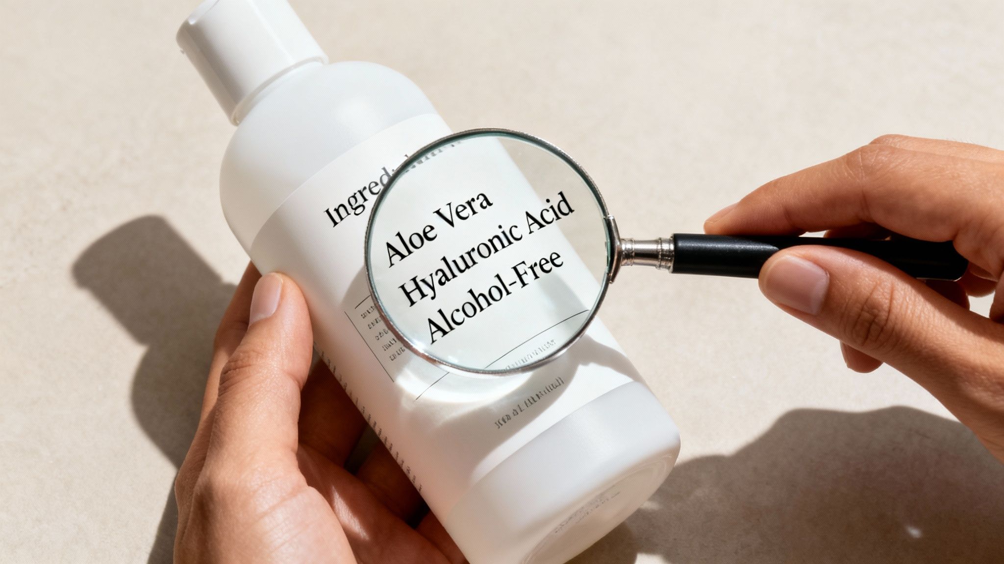 Hand holding a cosmetic bottle, magnifying glass highlights 'Aloe Vera, Hyaluronic Acid, Alcohol-Free' on label.