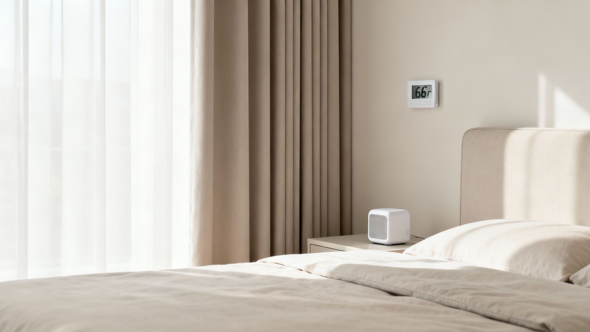 A minimalist bedroom with a bed, beige curtains, a window, a thermostat showing 66F, and an air purifier.