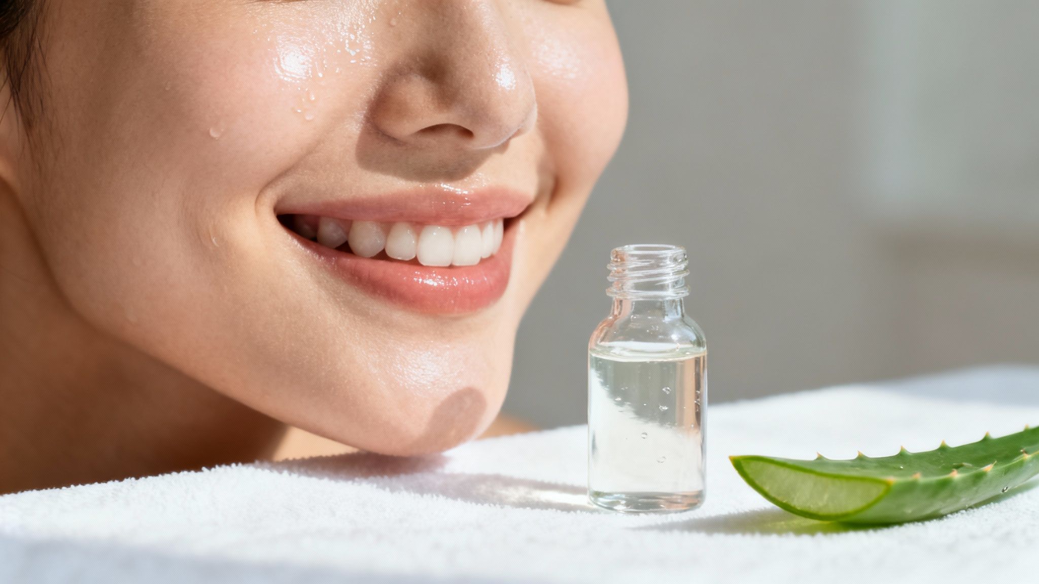 Smiling face with water droplets, showing a serum bottle and fresh aloe vera.