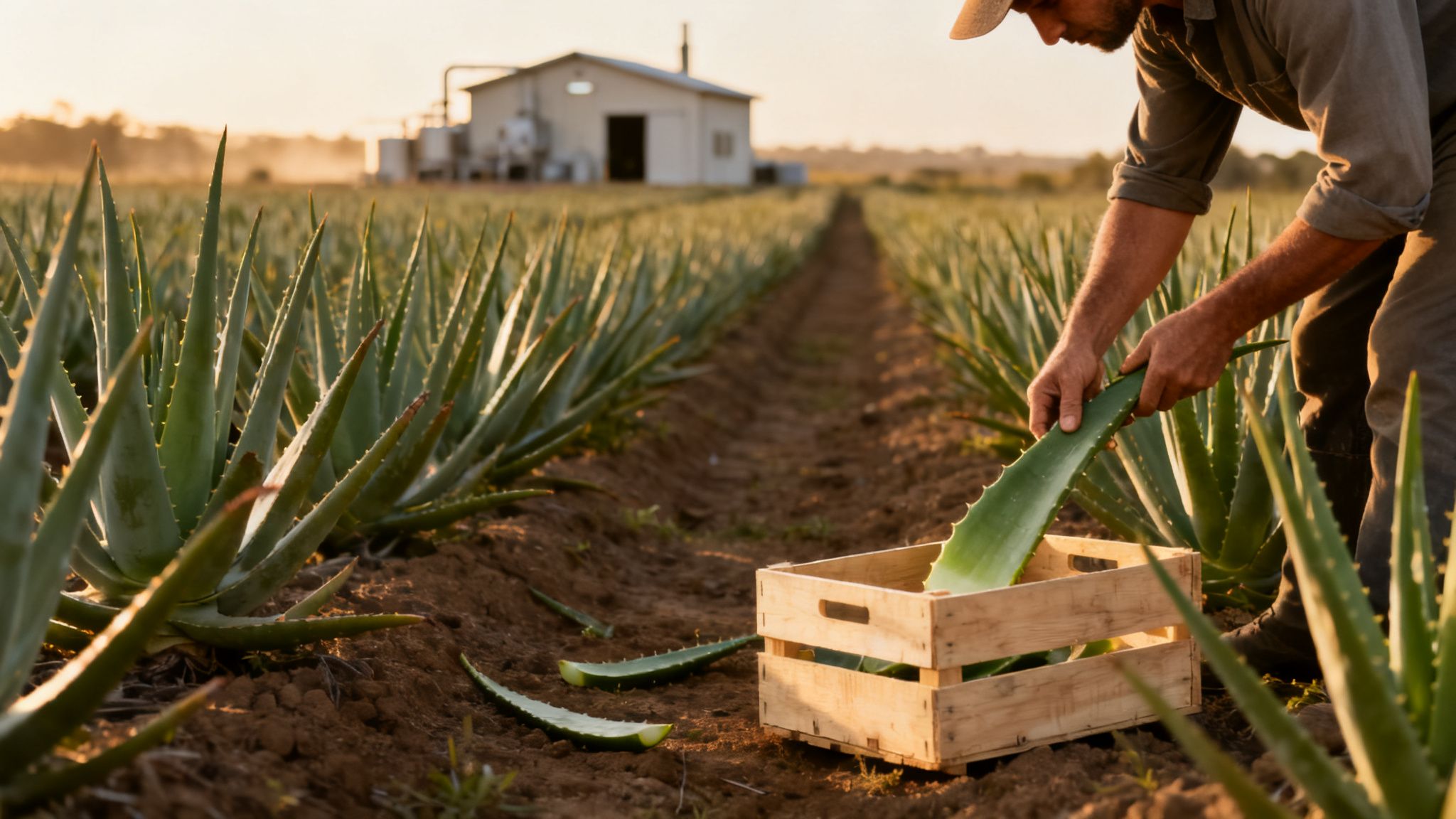 A farmer harvests fresh aloe vera leaves from a vast field at sunset, placing them into a wooden crate.